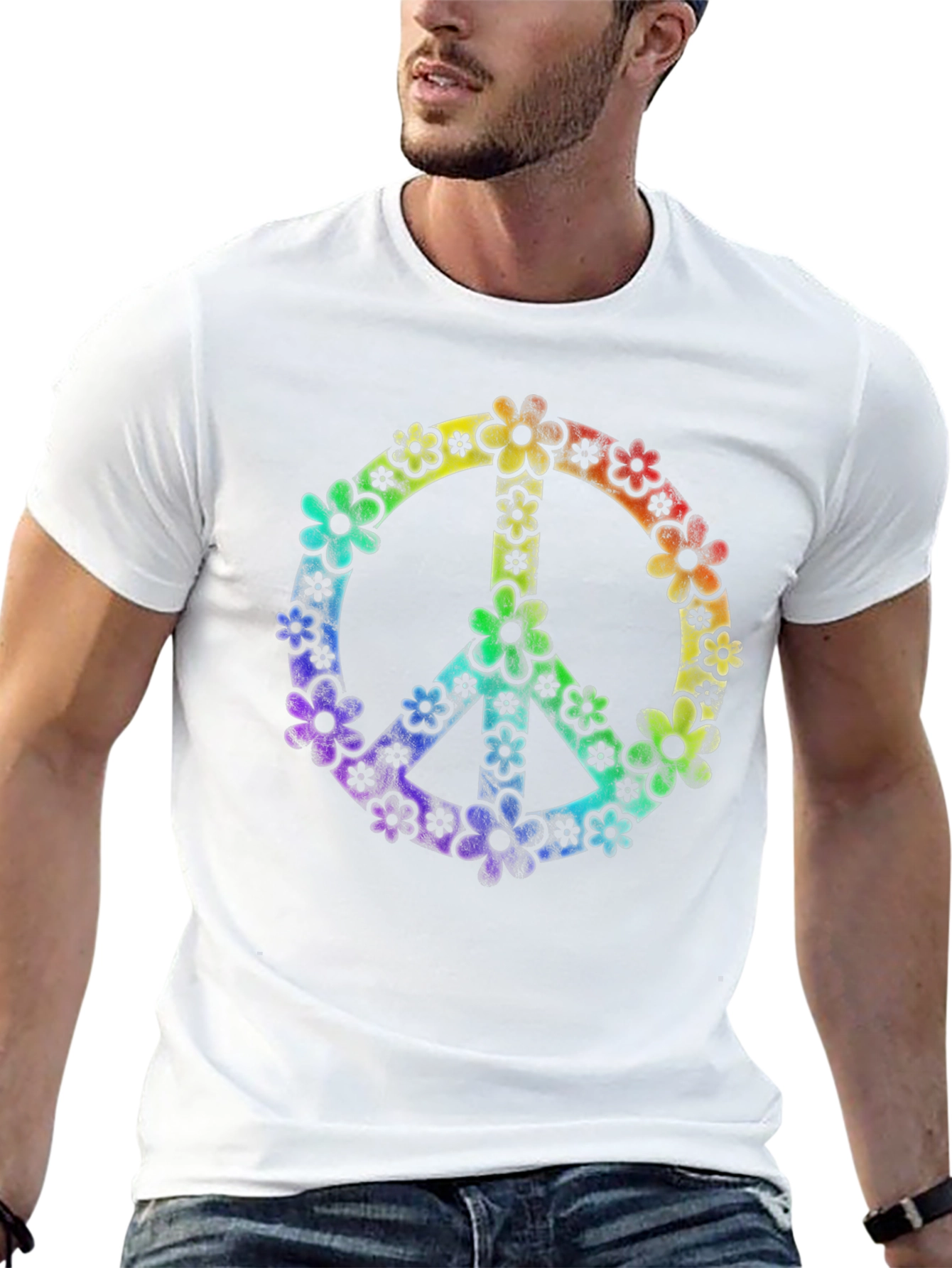 Retro Floral Peace Sign Black T-Shirt