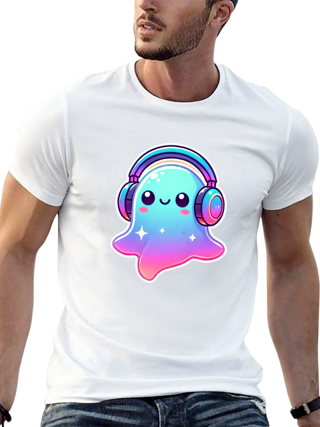 Cute Ghost with Headphones Black T-Shirt