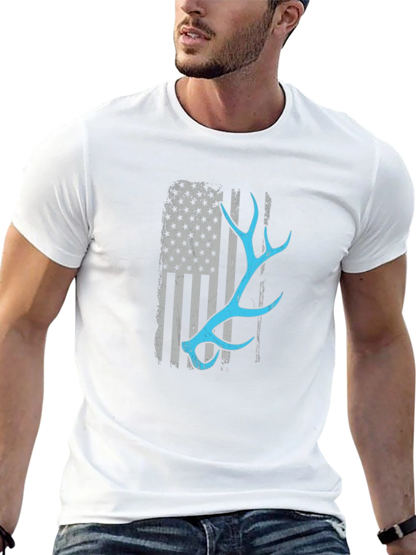 Deer Antler American Flag Black T-Shirt