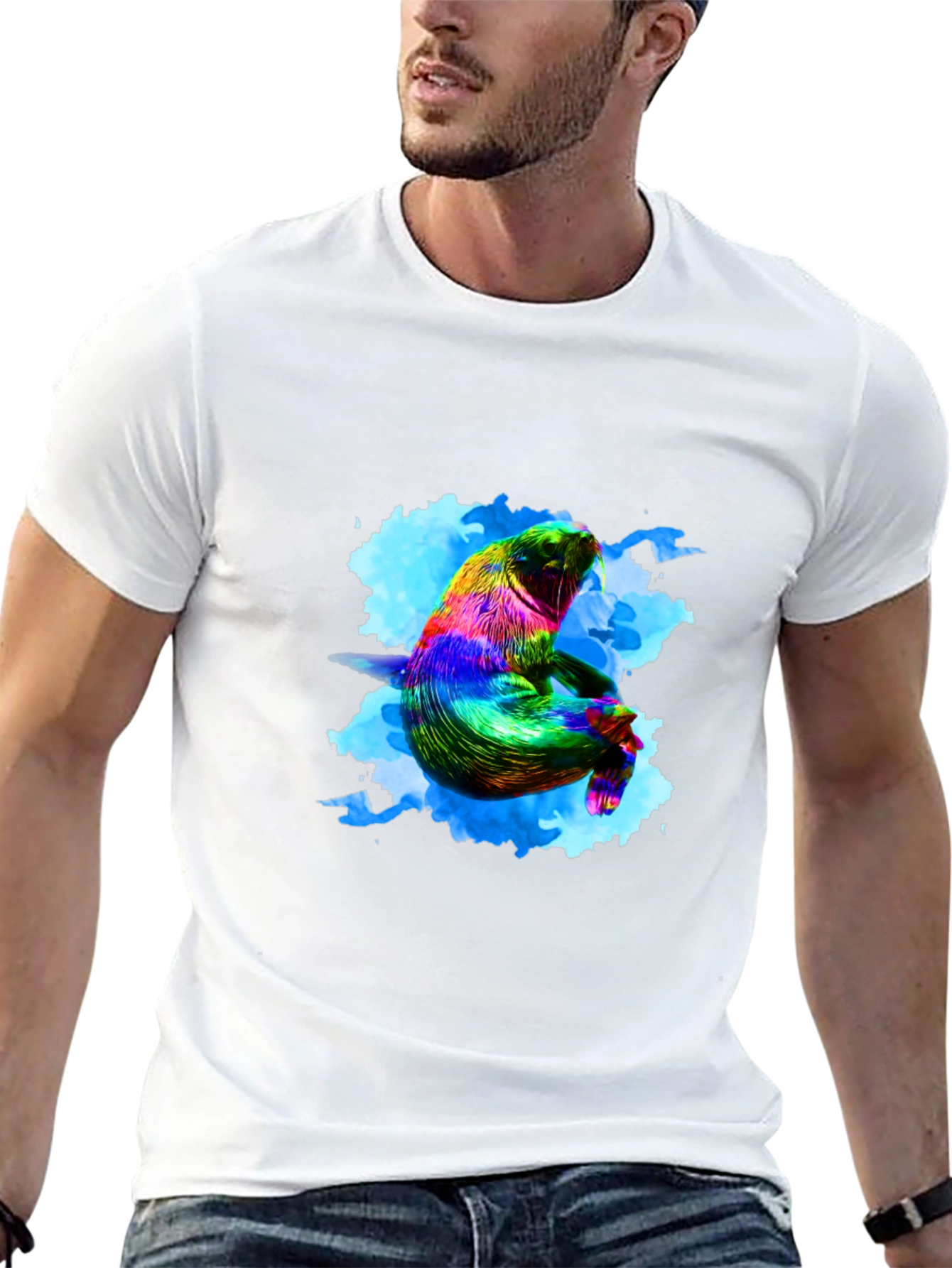Rainbow Seal Graphic Tee - Black Cotton Comfort