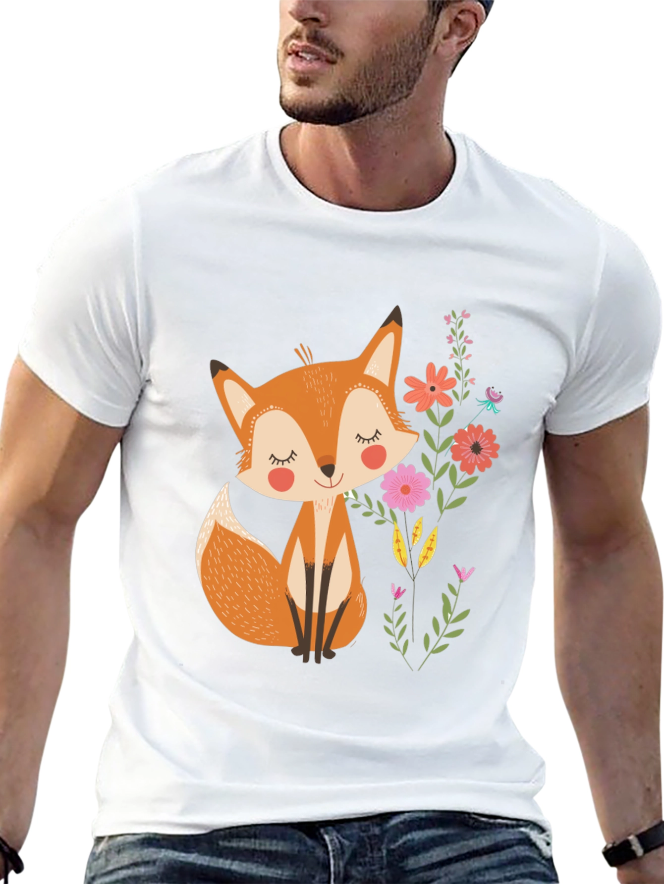 Cute Fox & Flowers Black T-Shirt