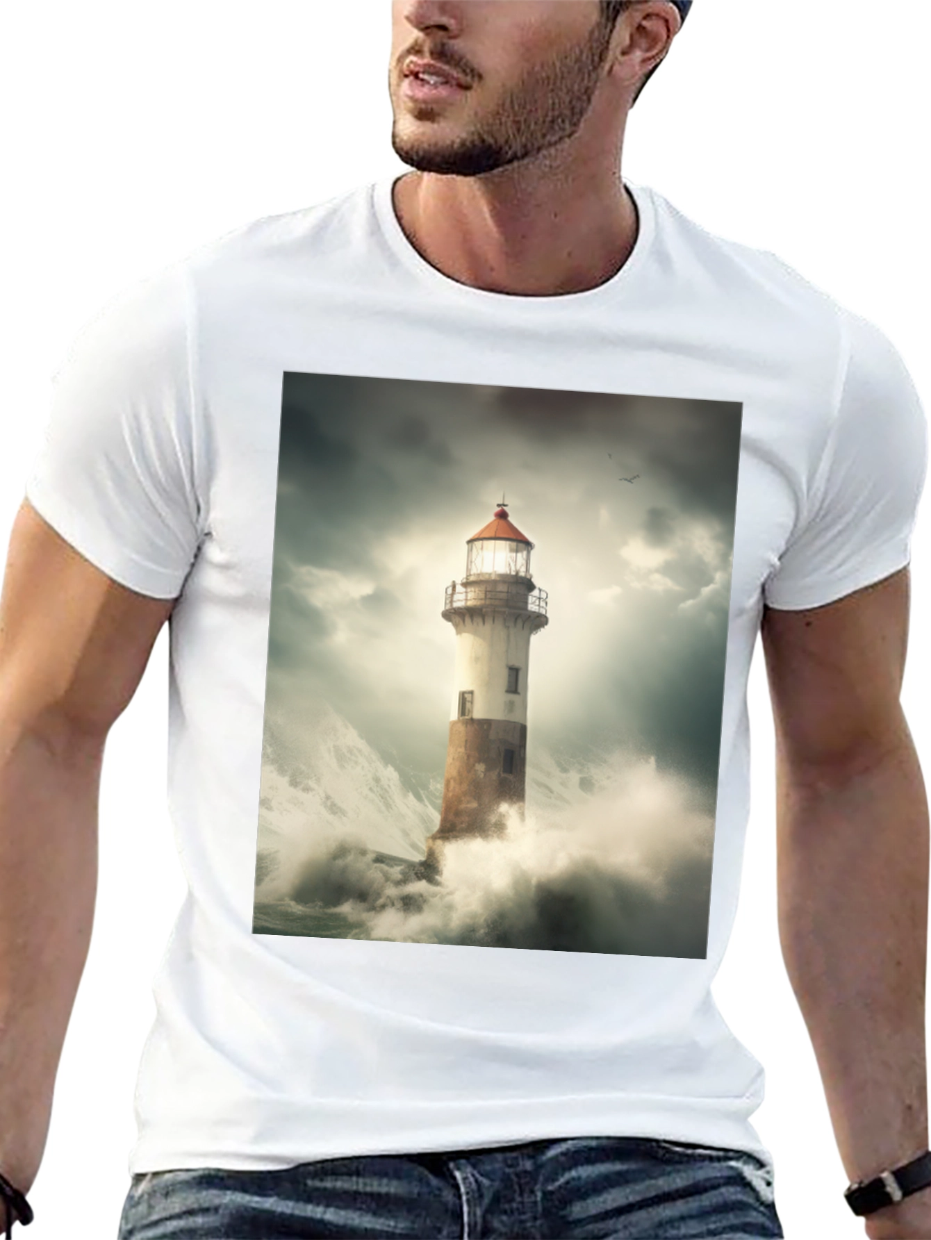 Lighthouse Storm Graphic Tee - Black Cotton T-Shirt
