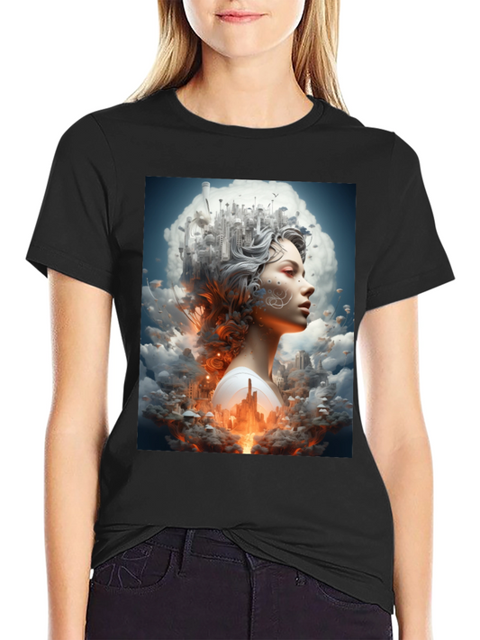 Artistic Cityscape Woman Black T-Shirt