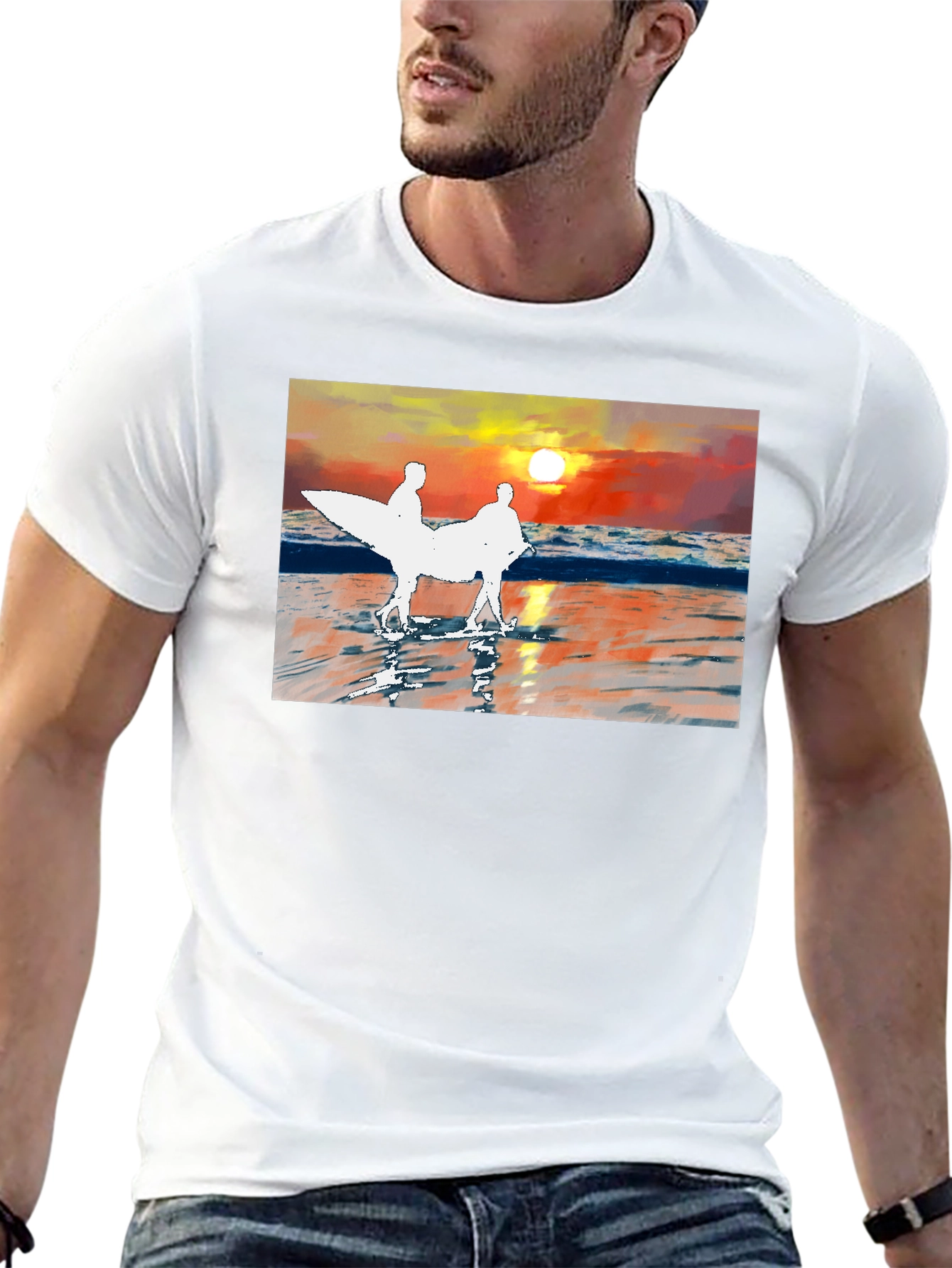 Sunset Surfer Graphic Tee - Black Cotton T-Shirt