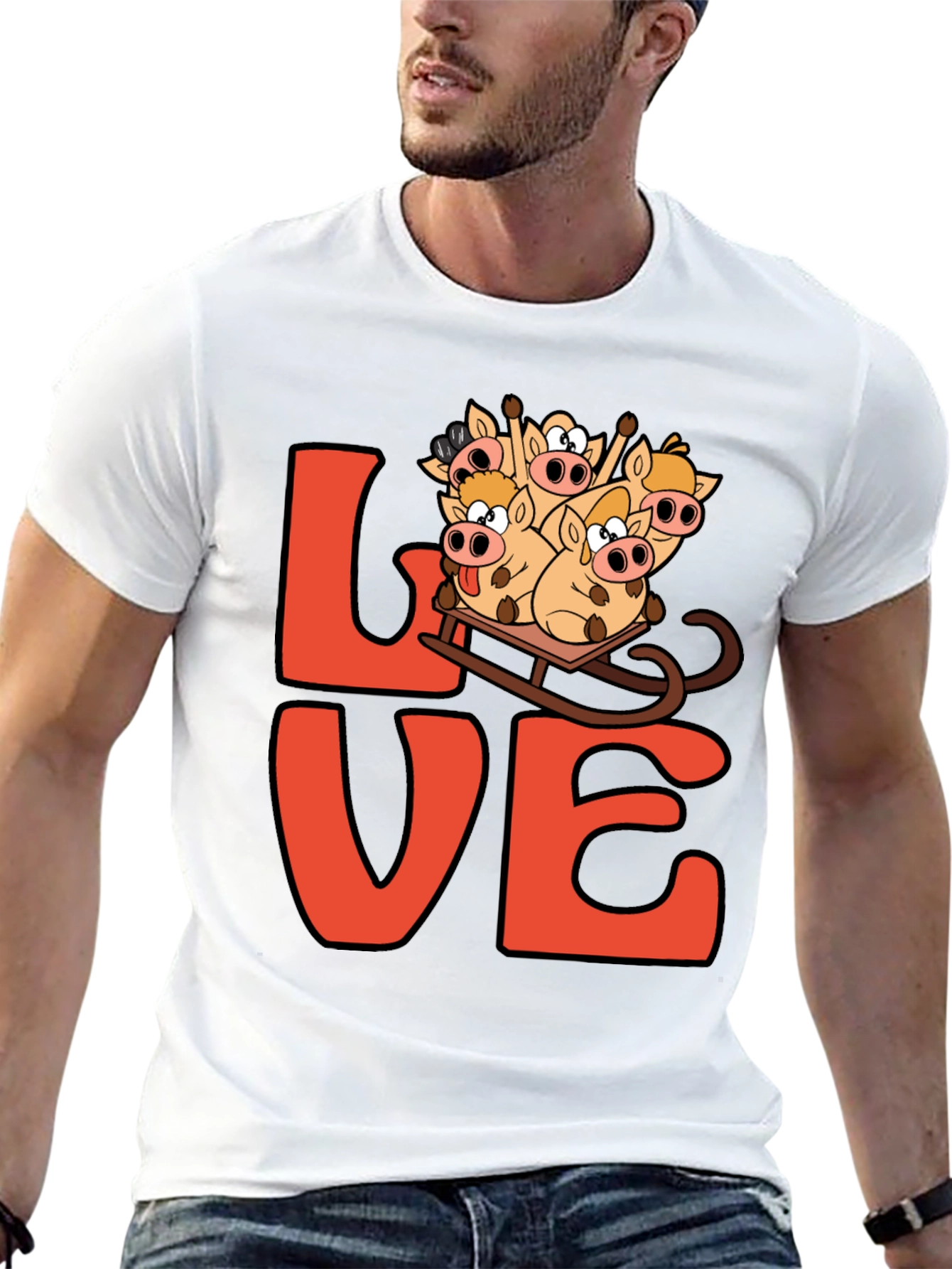Love Pig Sled Black T-Shirt