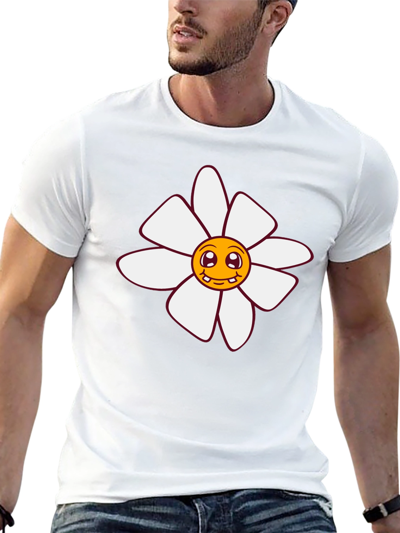 Smiling Flower Graphic Tee - Black Cotton T-Shirt