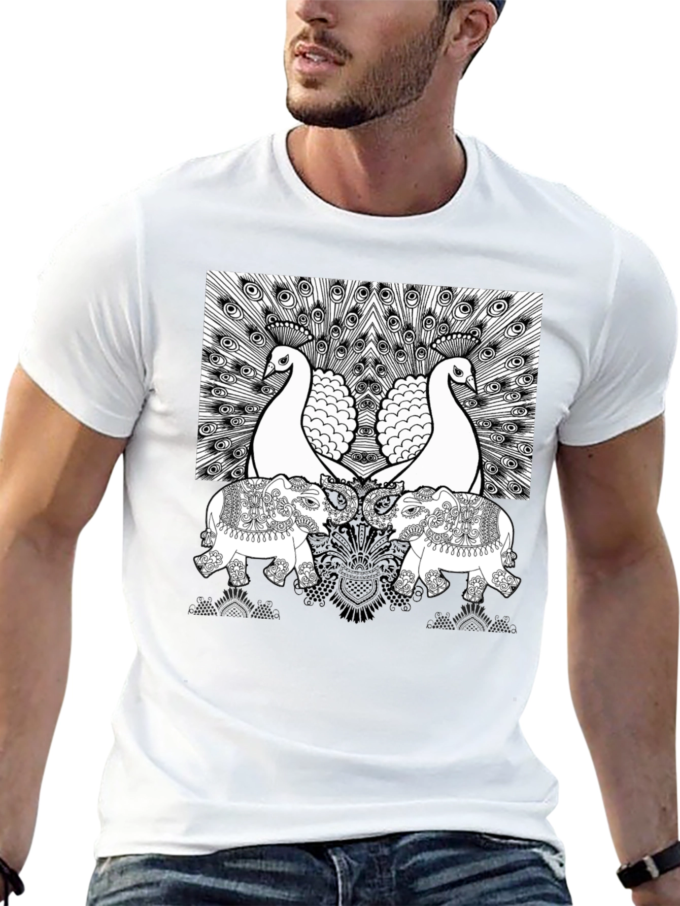 Peacock Elephant Graphic Print Tee - Black
