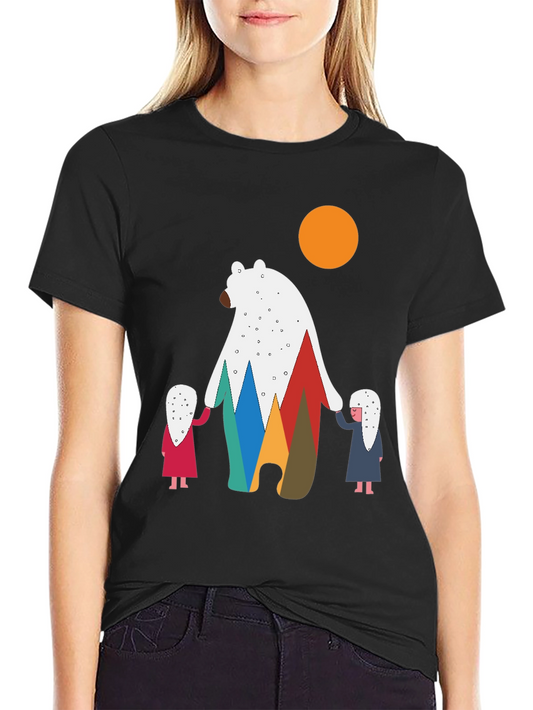 Bear and Children Graphic Tee - Modern Crew Neck T-Shirt