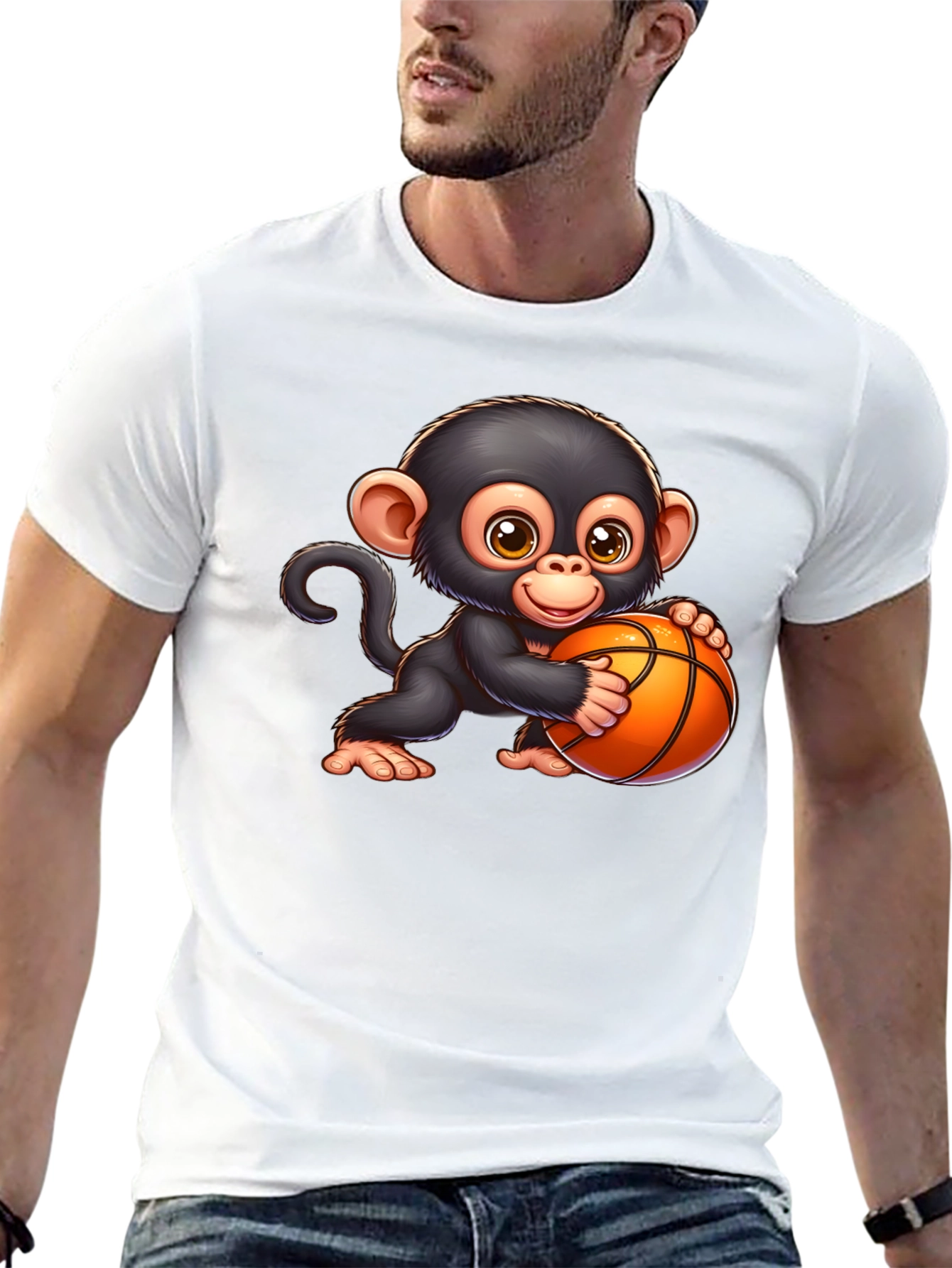 Cartoon Monkey Basketball Graphic T-Shirt