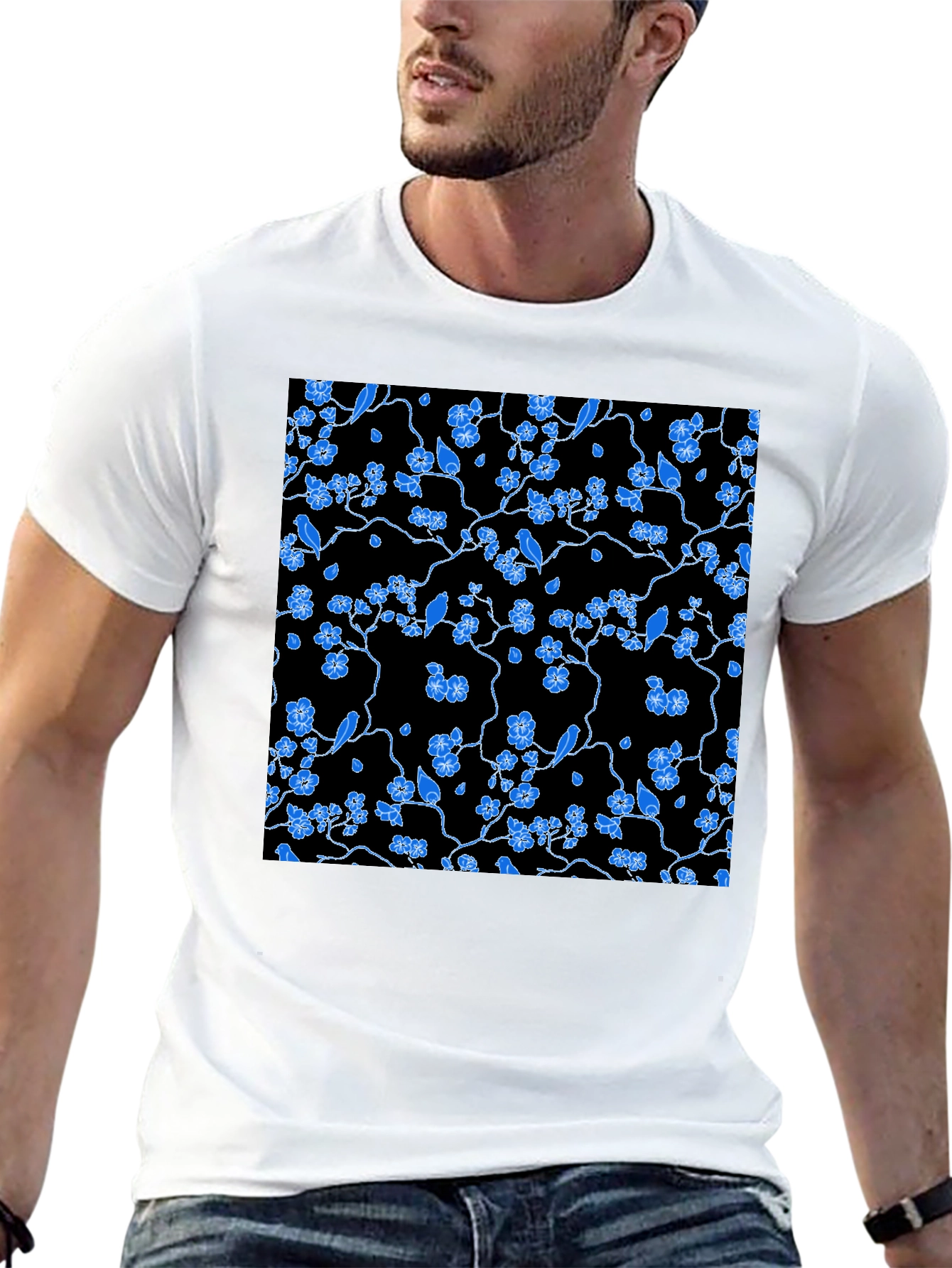 Black Tee with Blue Floral Pattern