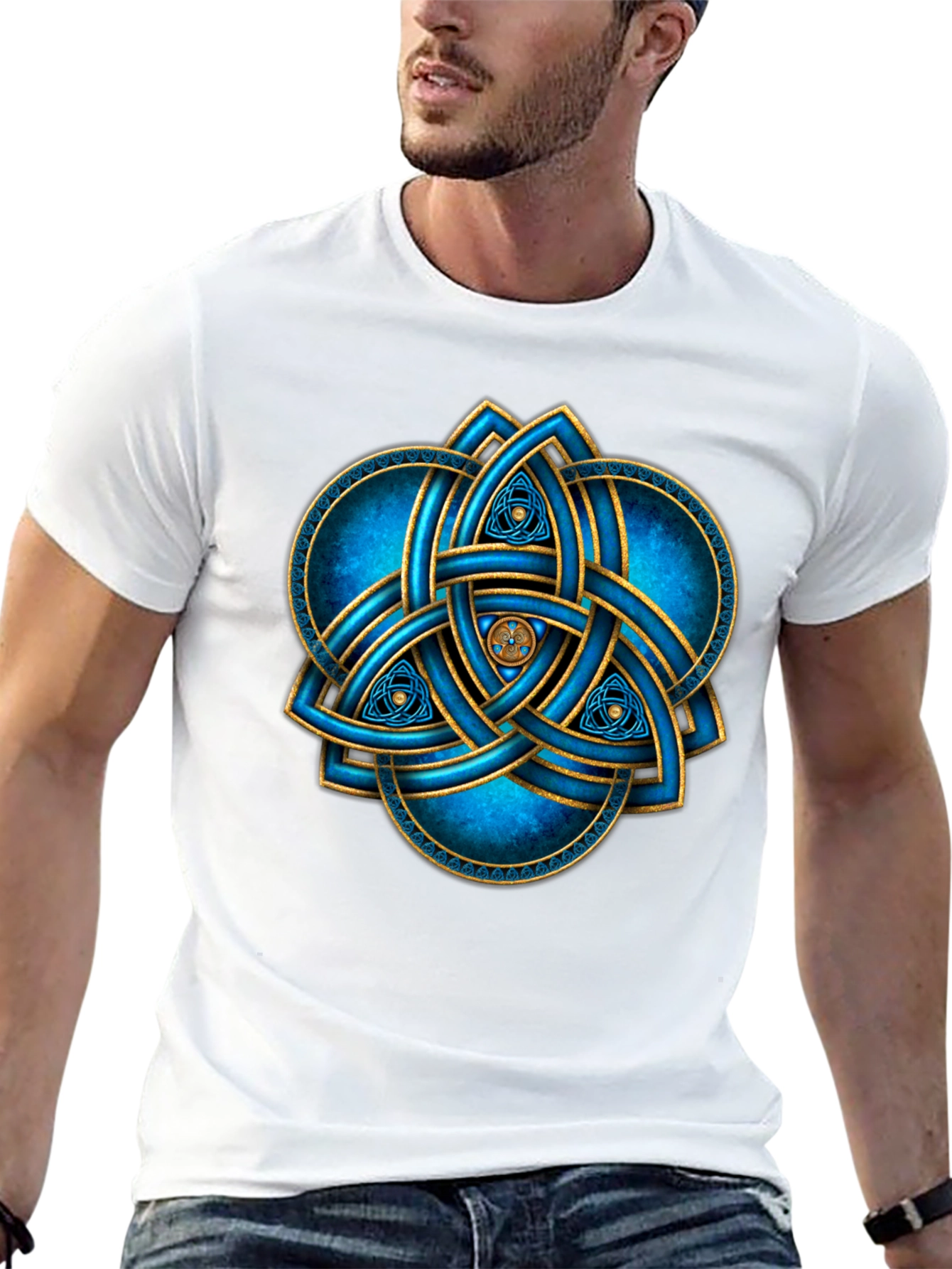 Celtic Knot T-Shirt: Blue & Gold Trinity Design