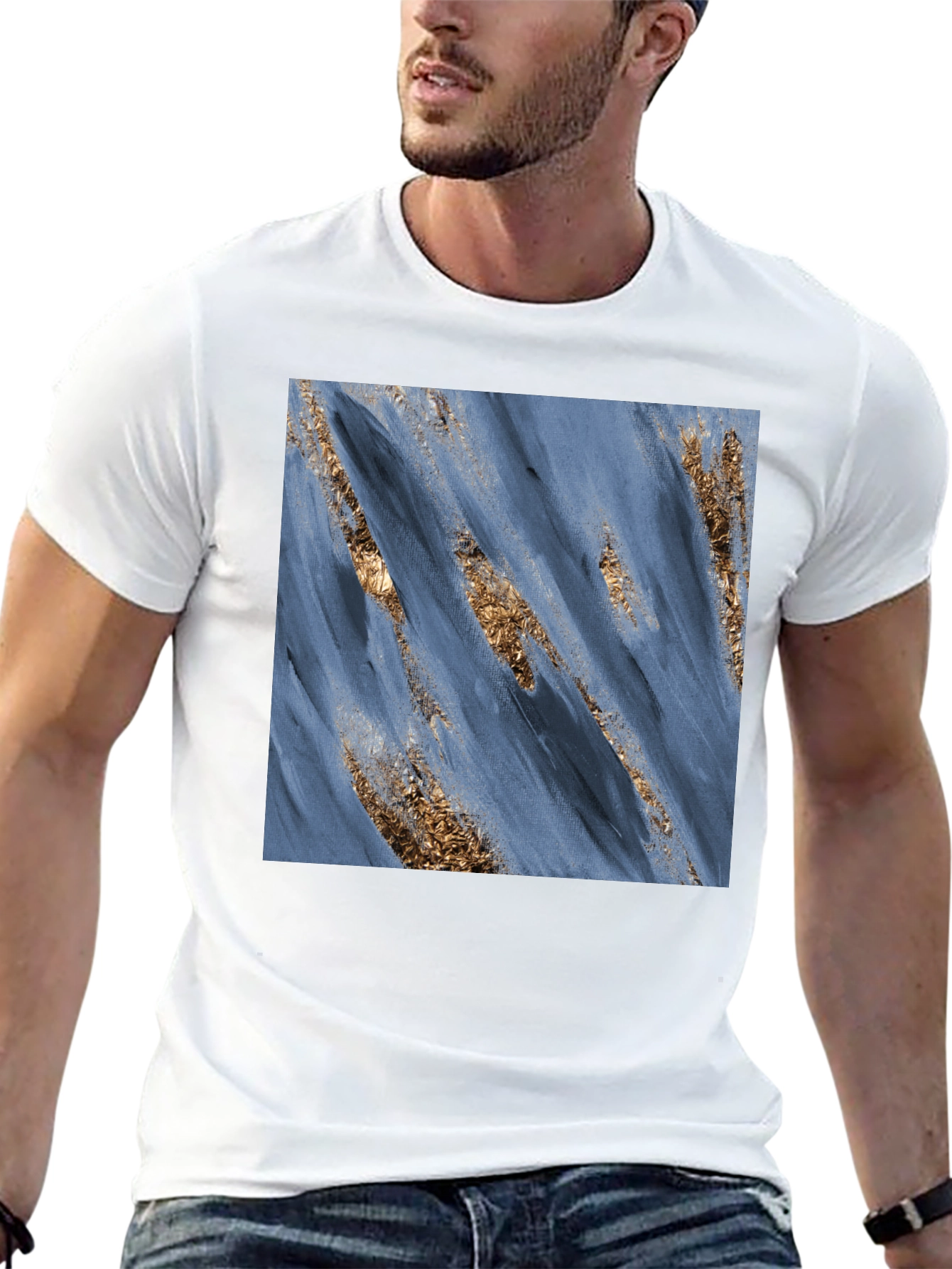 Modern Art Blue & Gold Brushstroke Print Black T-Shirt