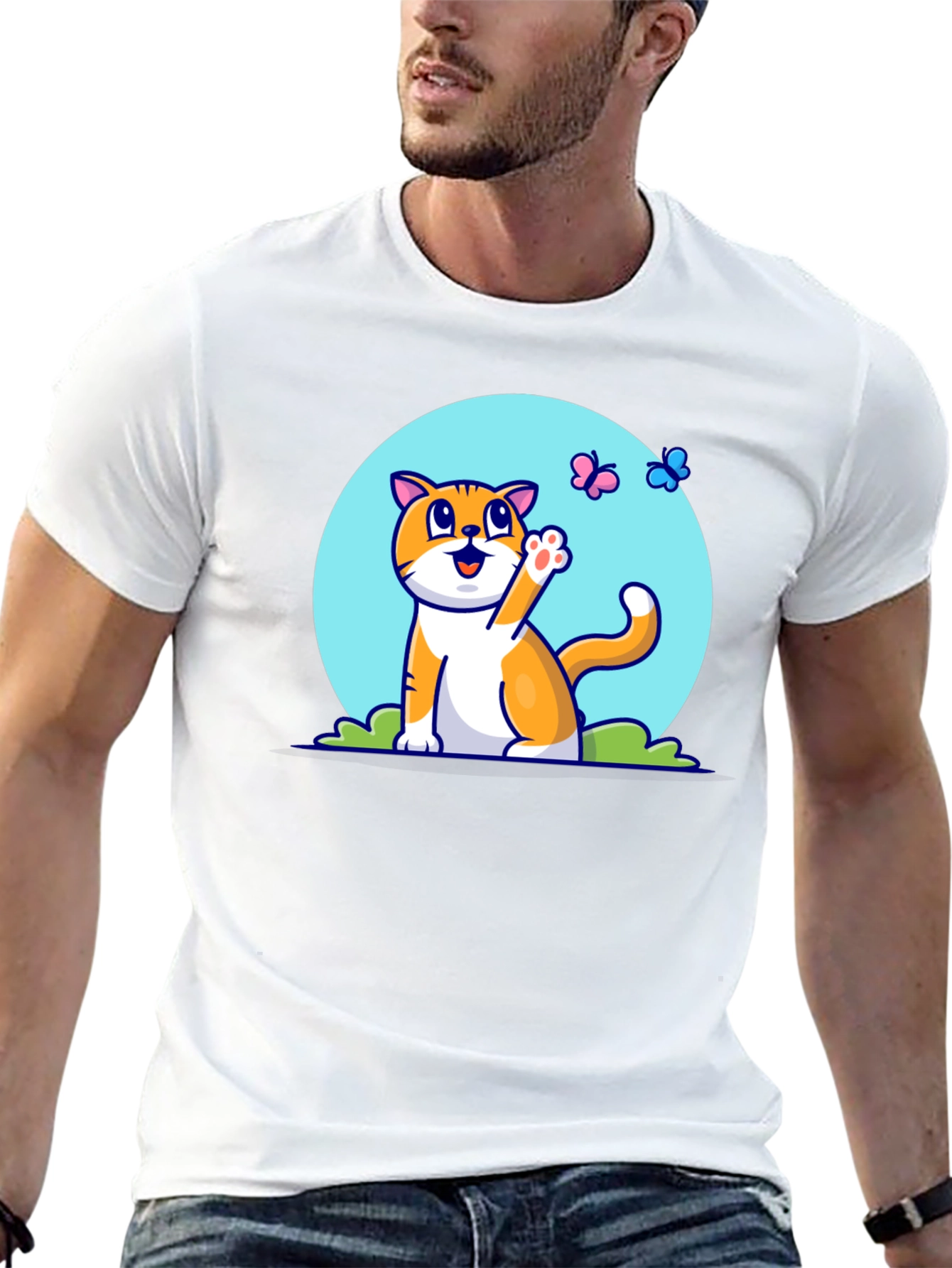 Cute Cat & Butterfly Graphic Tee - Black T-Shirt