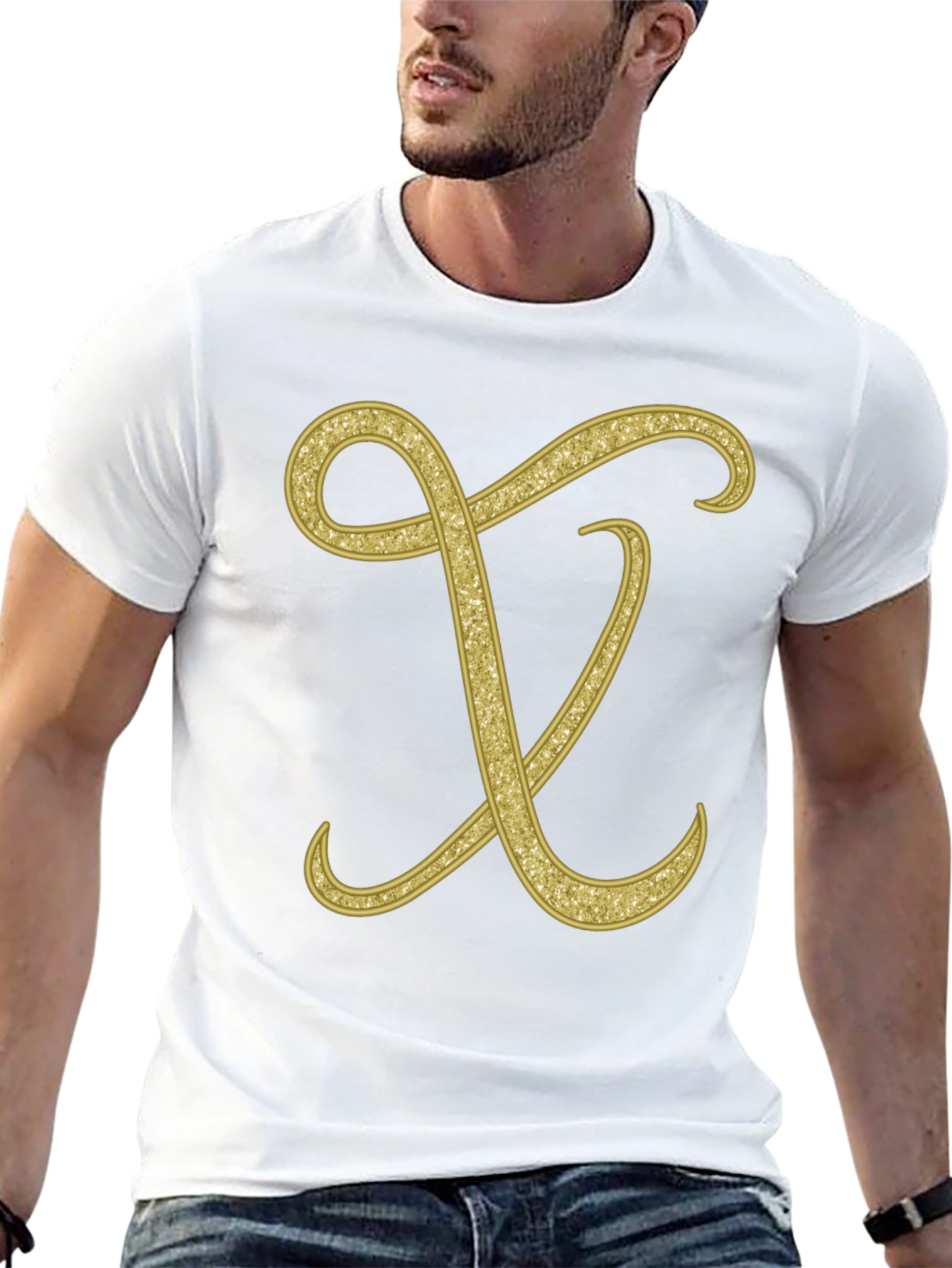 Elegant Initial X Glitter Print Black T-Shirt