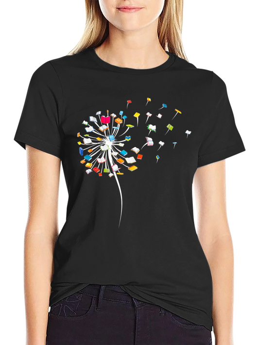Book Dandelion Graphic Tee - Black Cotton T-Shirt