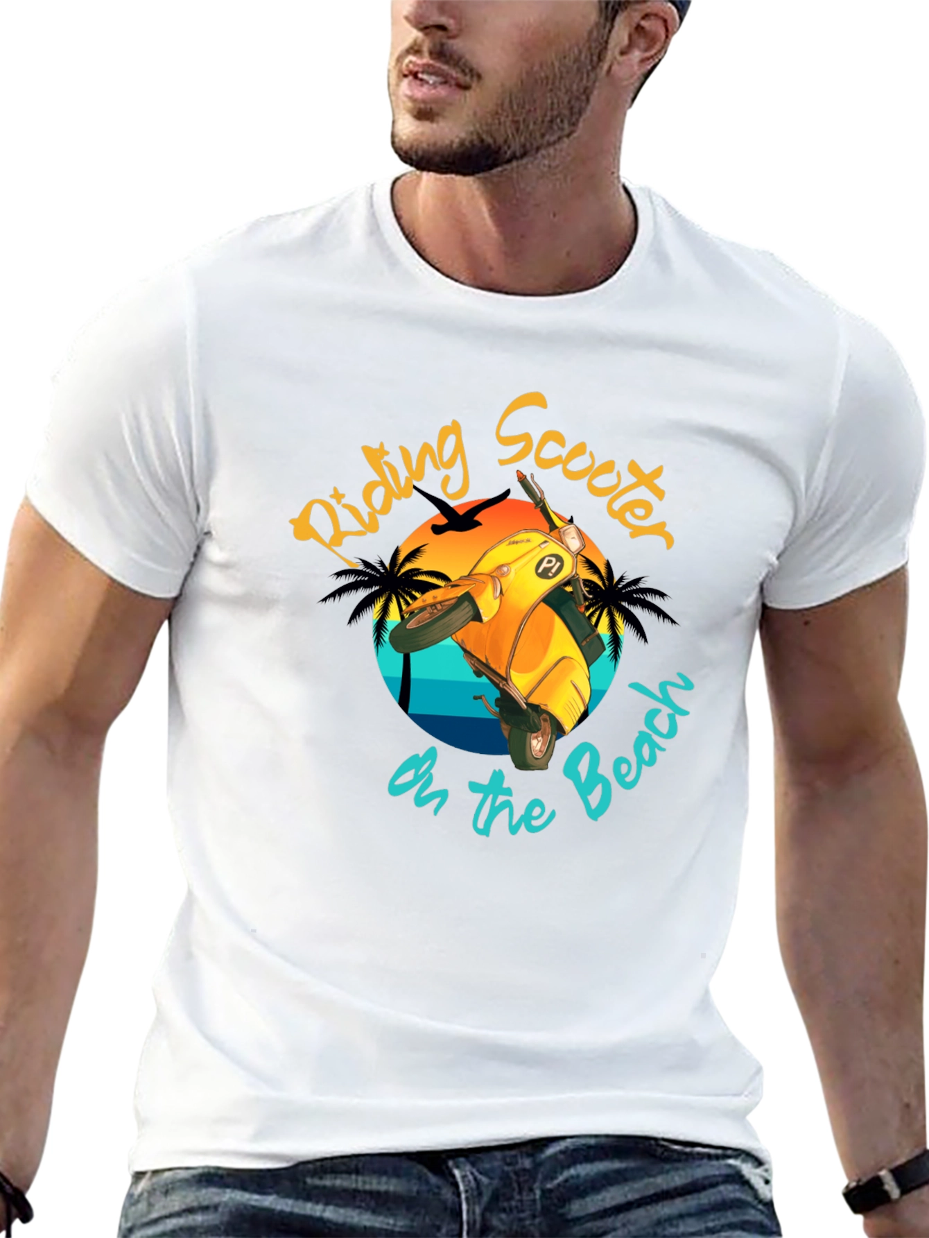 Riding Scooter on the Beach T-Shirt