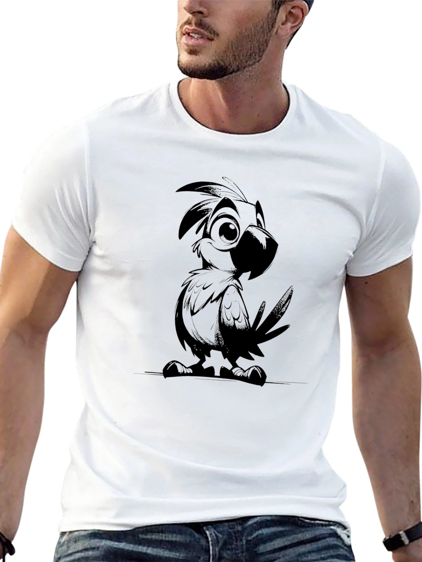 Cartoon Parrot Graphic Black T-Shirt