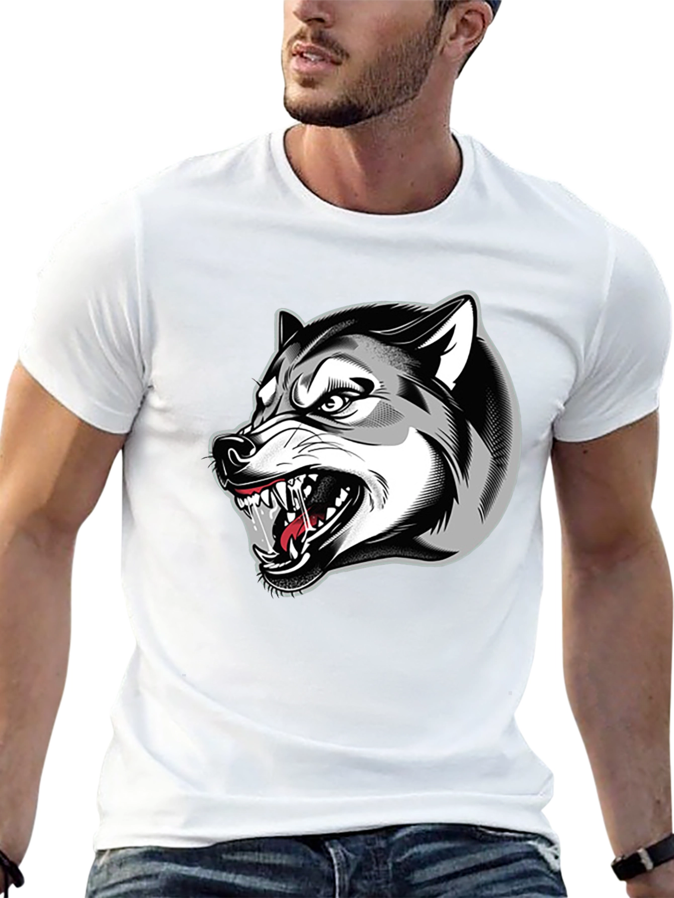 Mens Black Graphic T-Shirt - Fierce Wolf Design