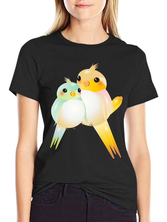 Cute Birdie Couple Graphic Black T-Shirt