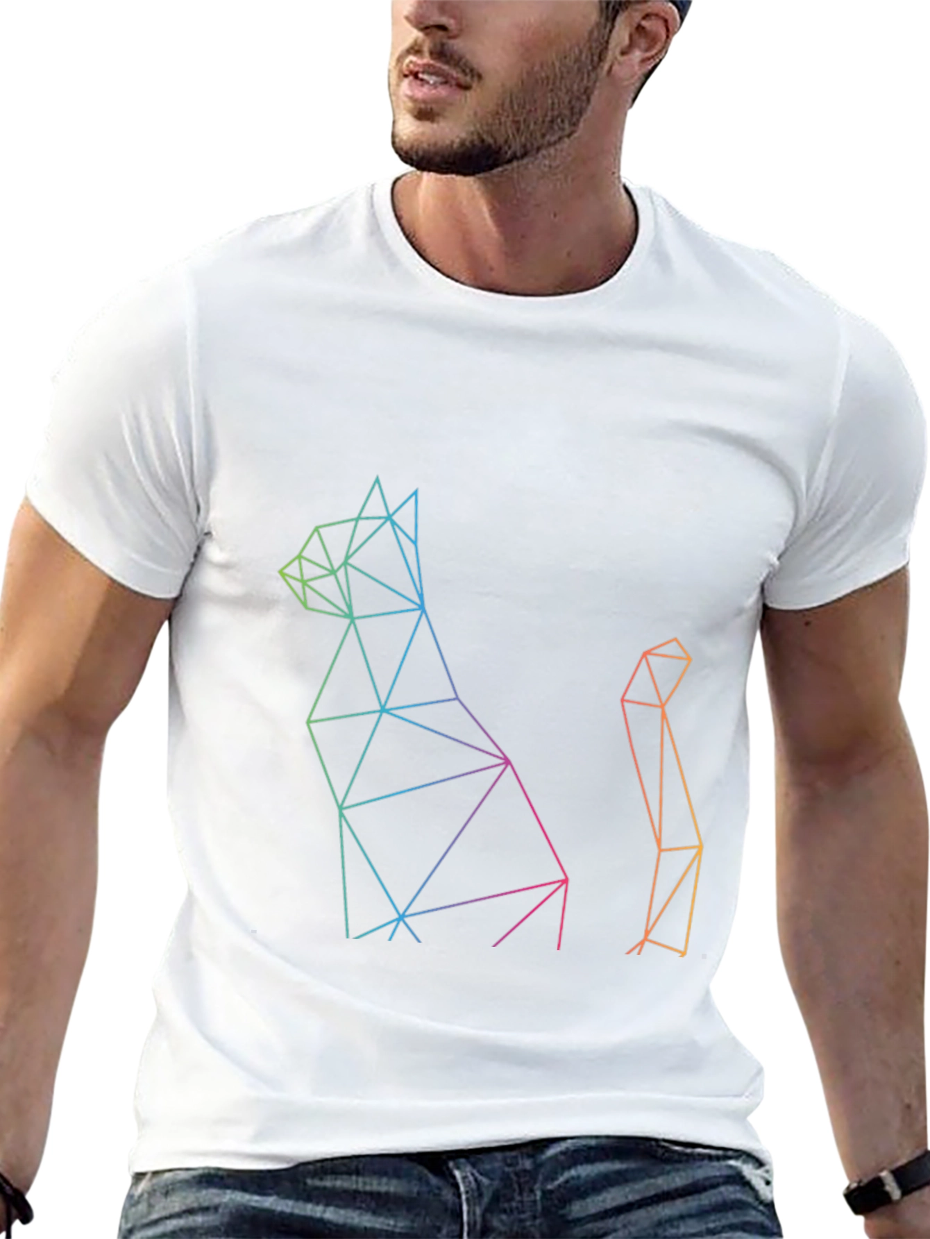 Geometric Cat Print Black T-Shirt