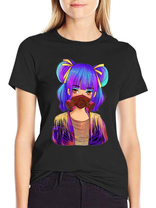 Anime Girl Gas Mask Graphic Tee - Black Cotton