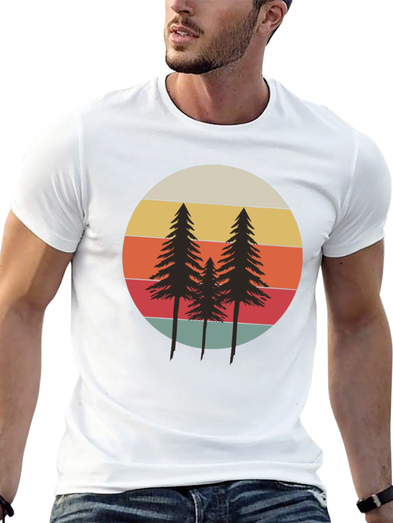 Retro Sunset Pine Tree Graphic Tee - Black