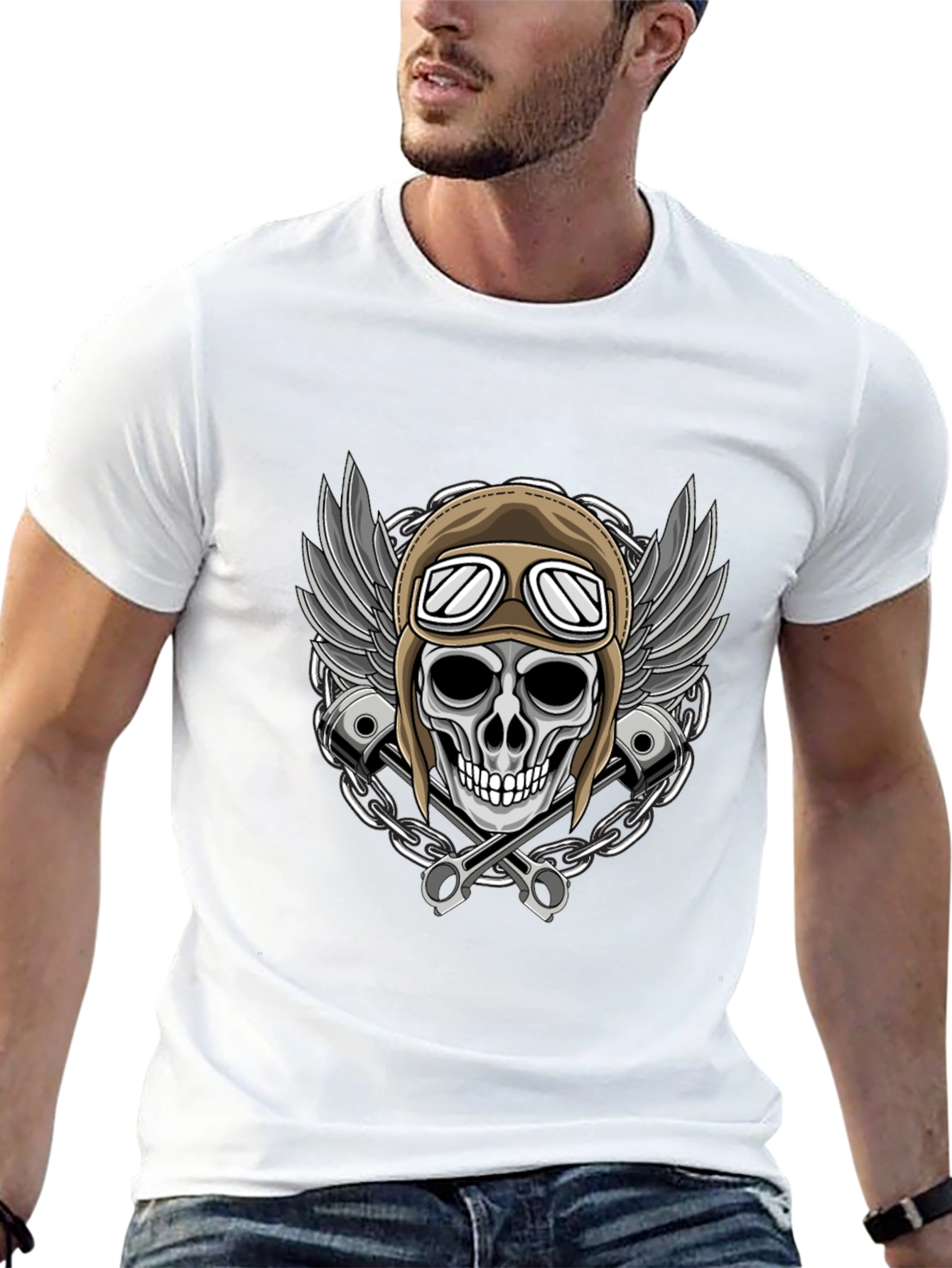 Skull Rider Tee: Wings Pistons & Chain Design