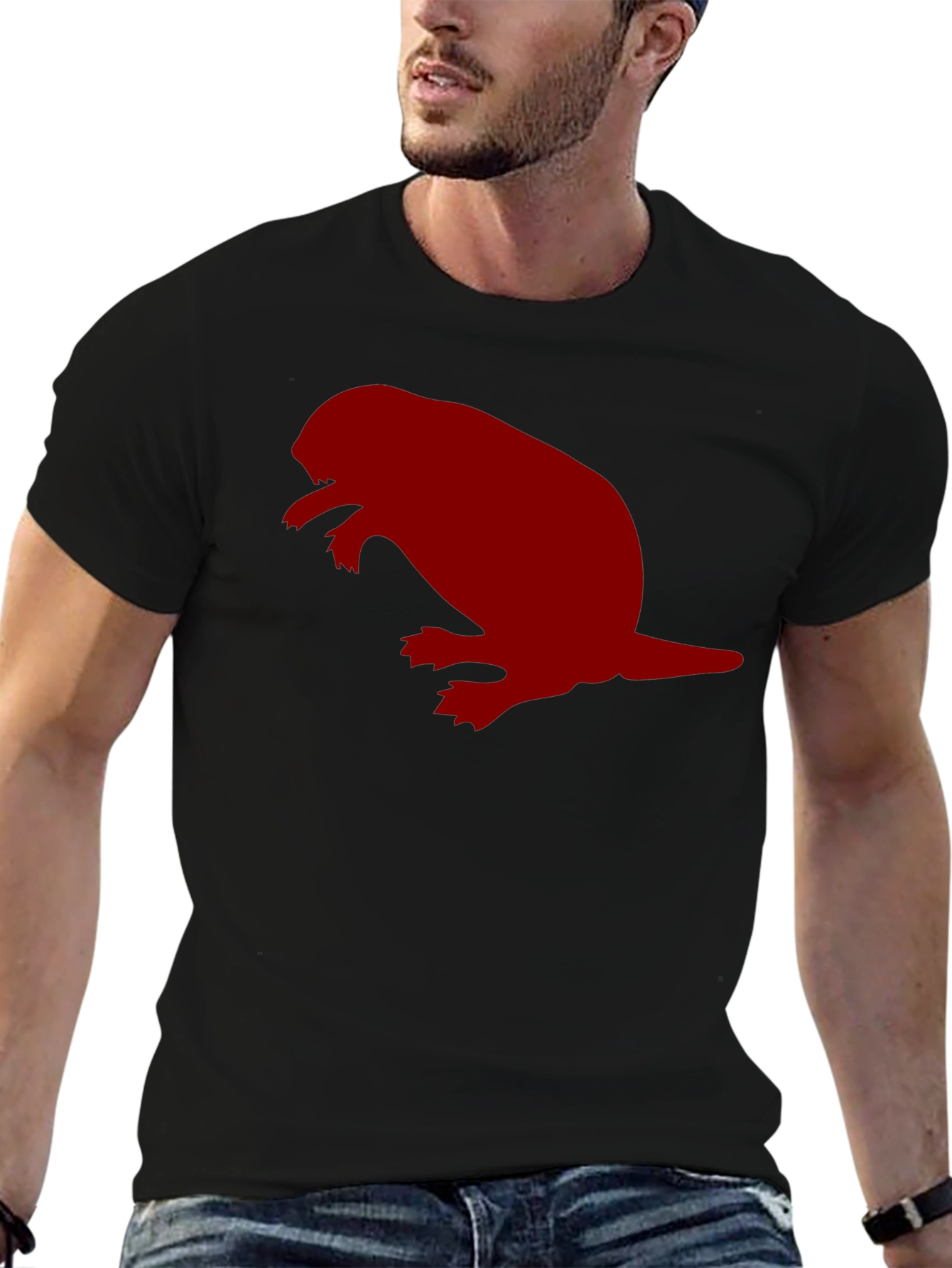 Black T-Shirt with Red Beaver Silhouette