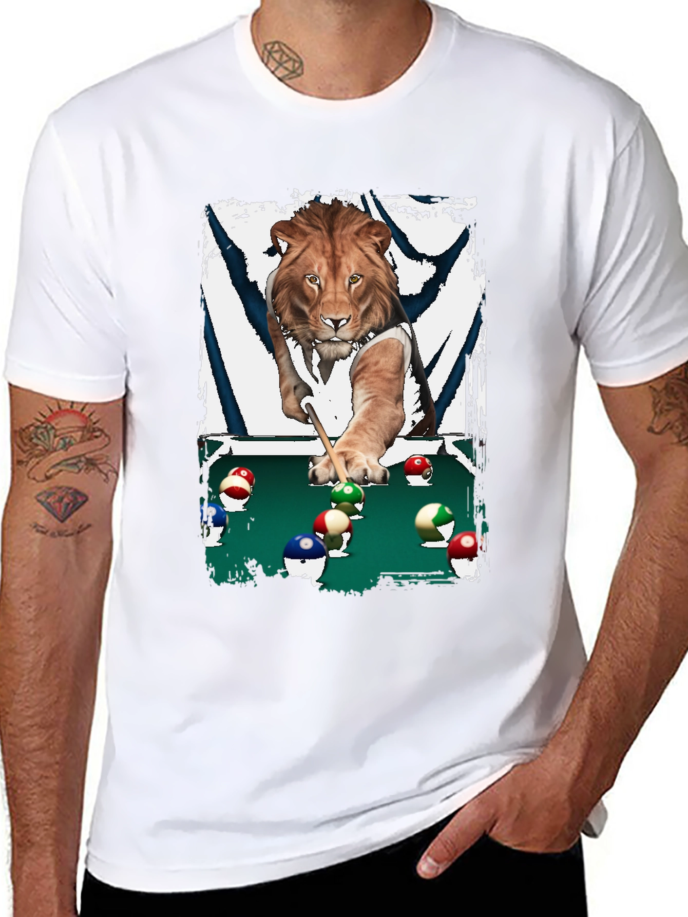 Lion Playing Pool T-Shirt - Unique Graphic Tee