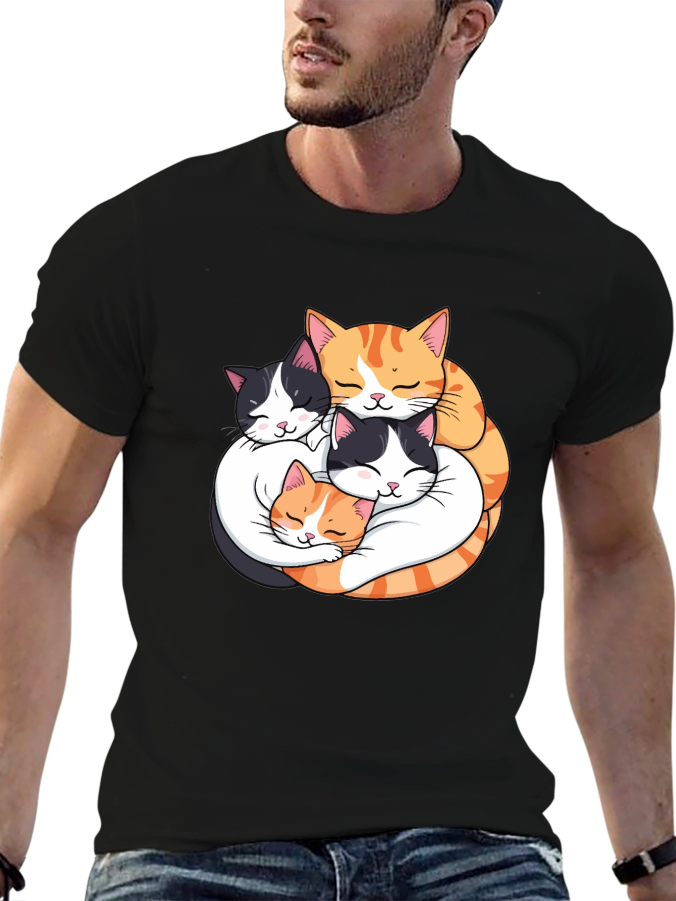 Cute Cats Hugging Graphic Tee - Black