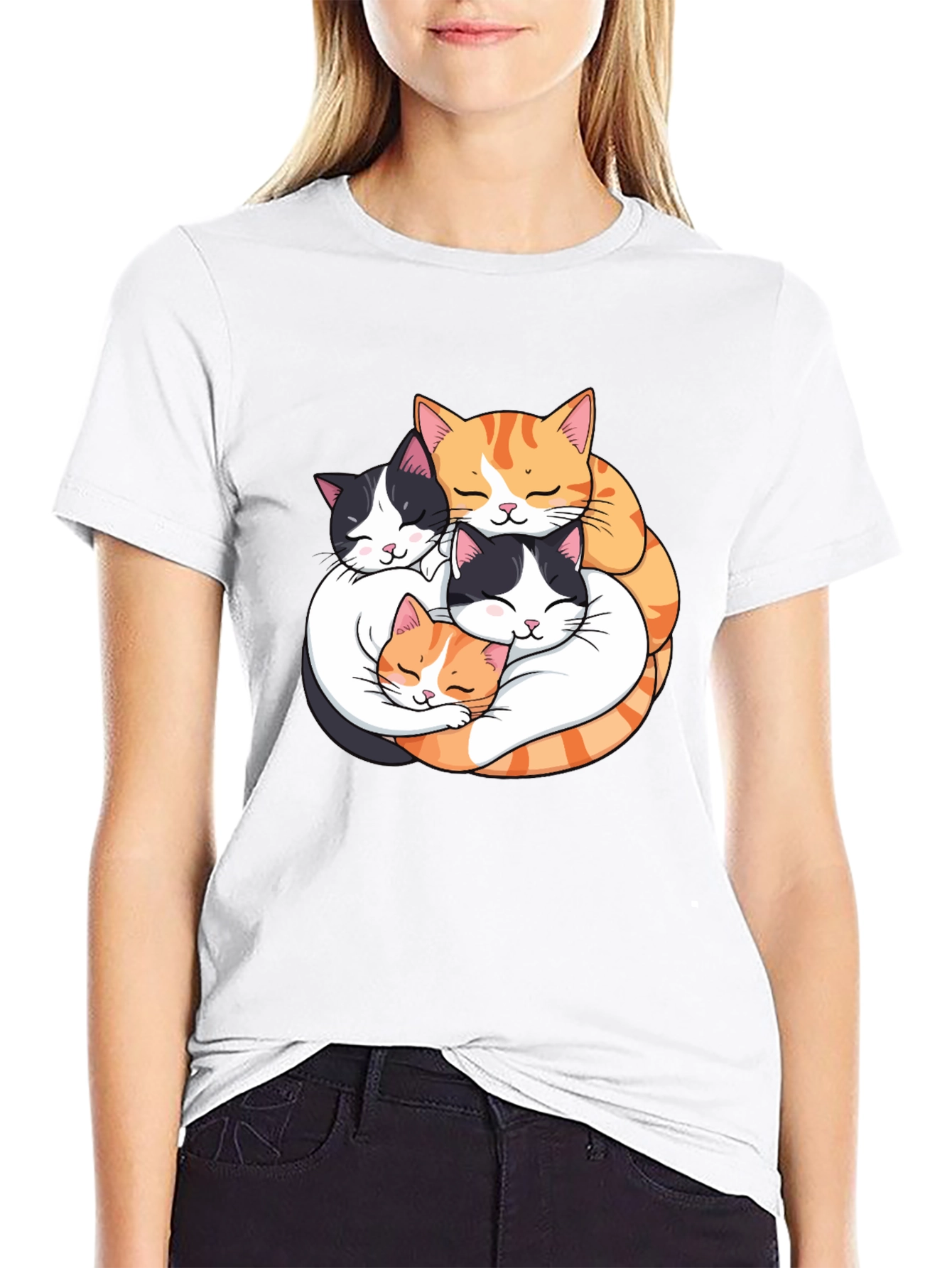 Cute Cats Hugging Graphic Tee - Black