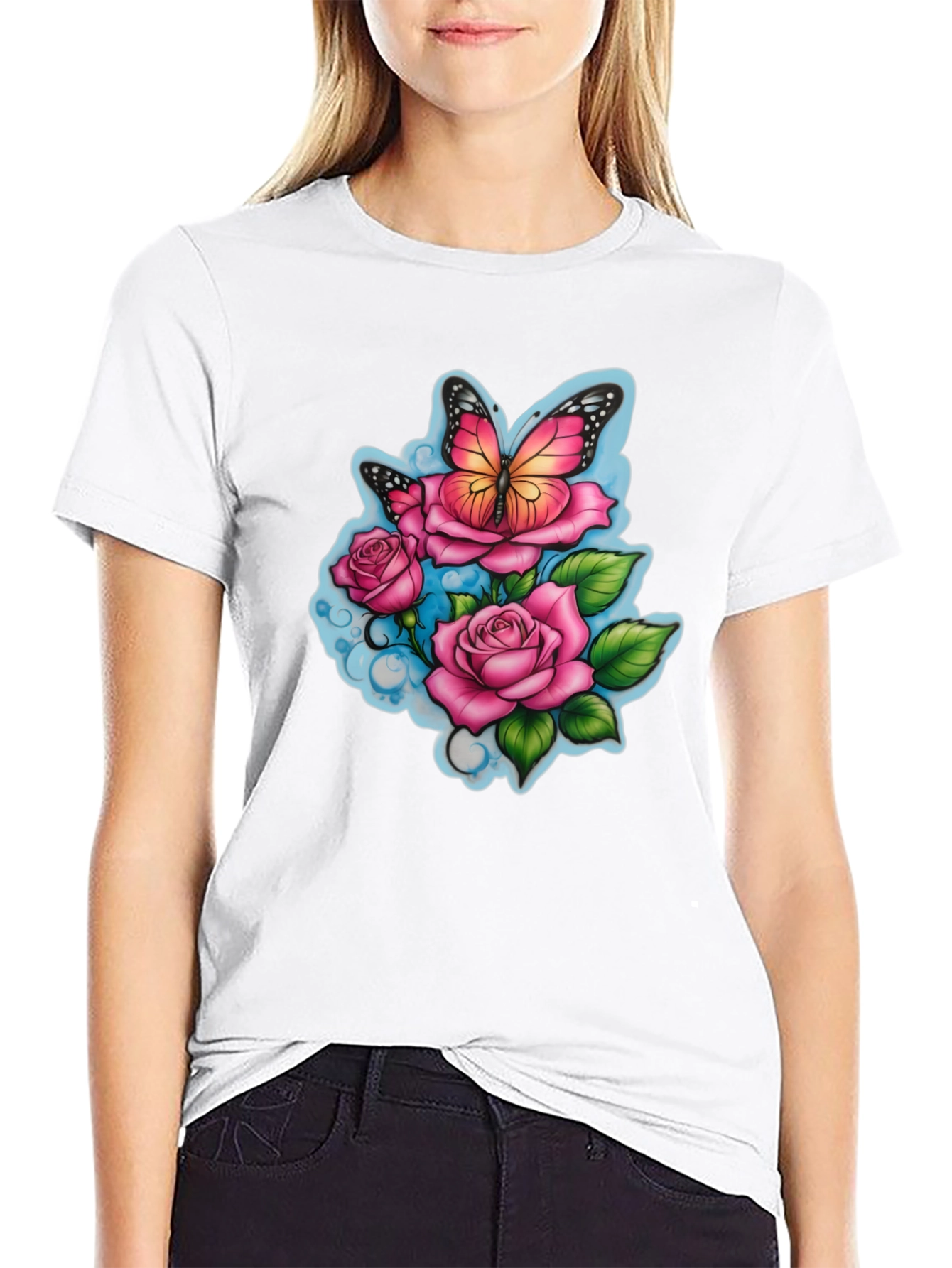 Butterfly & Roses Graphic Black T-Shirt