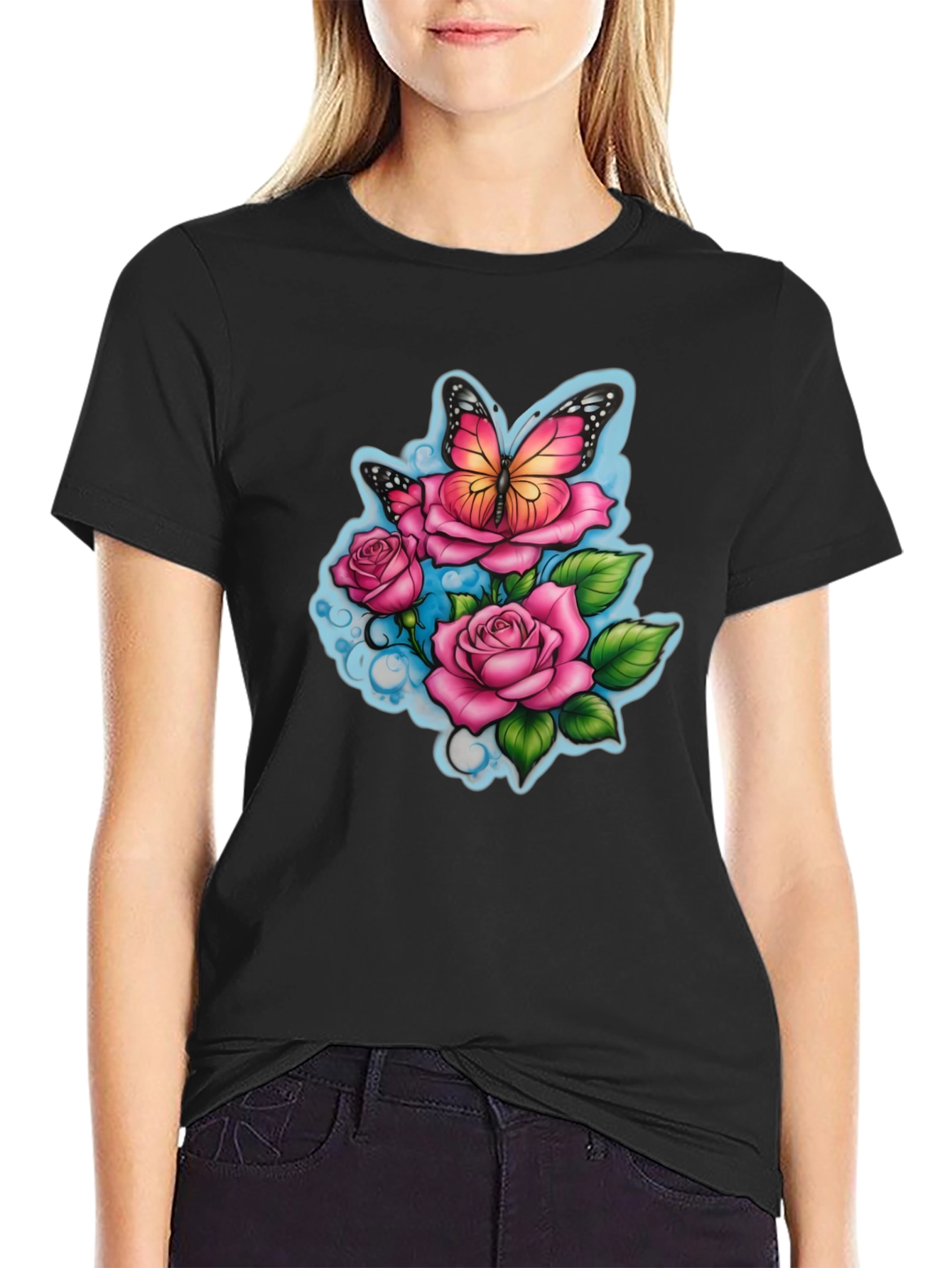 Butterfly & Roses Graphic Black T-Shirt