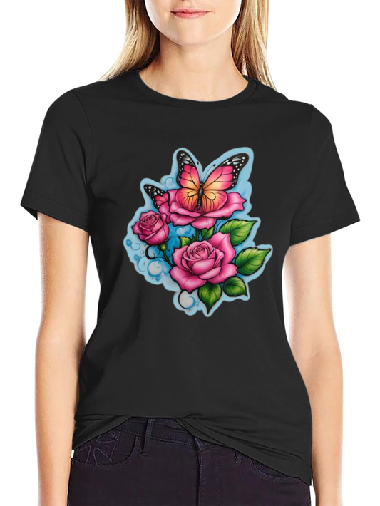 Butterfly & Roses Graphic Black T-Shirt