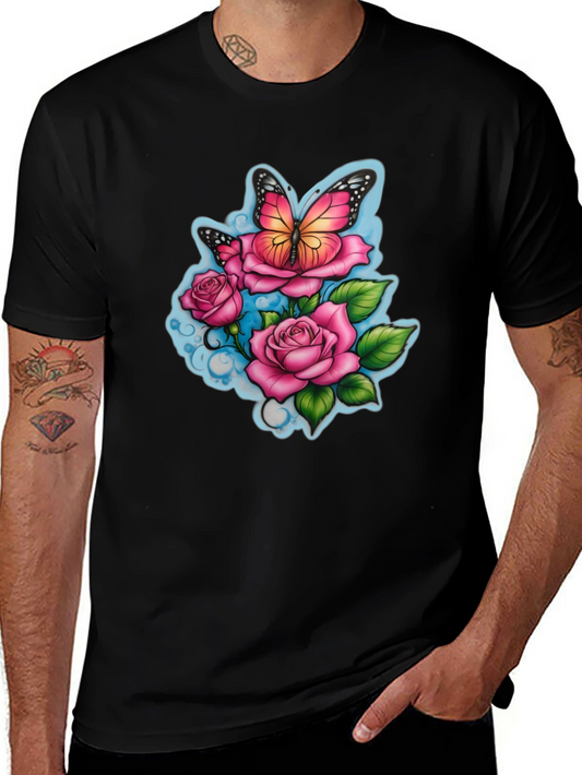 Butterfly & Roses Graphic Black T-Shirt