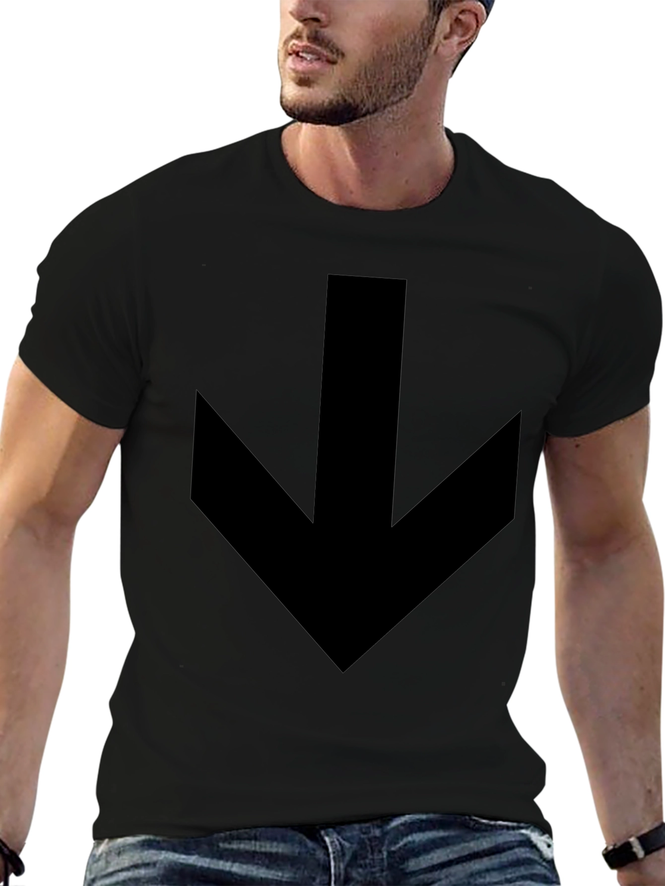 Mens Black T-Shirt with Bold Down Arrow Design