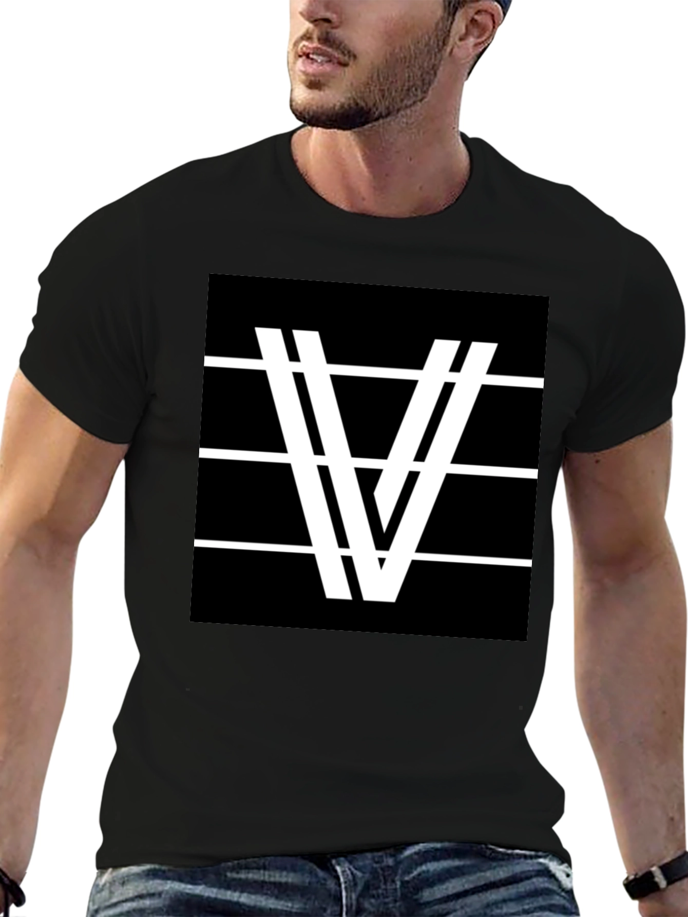 Modern Graphic Tee - Black with White V Design