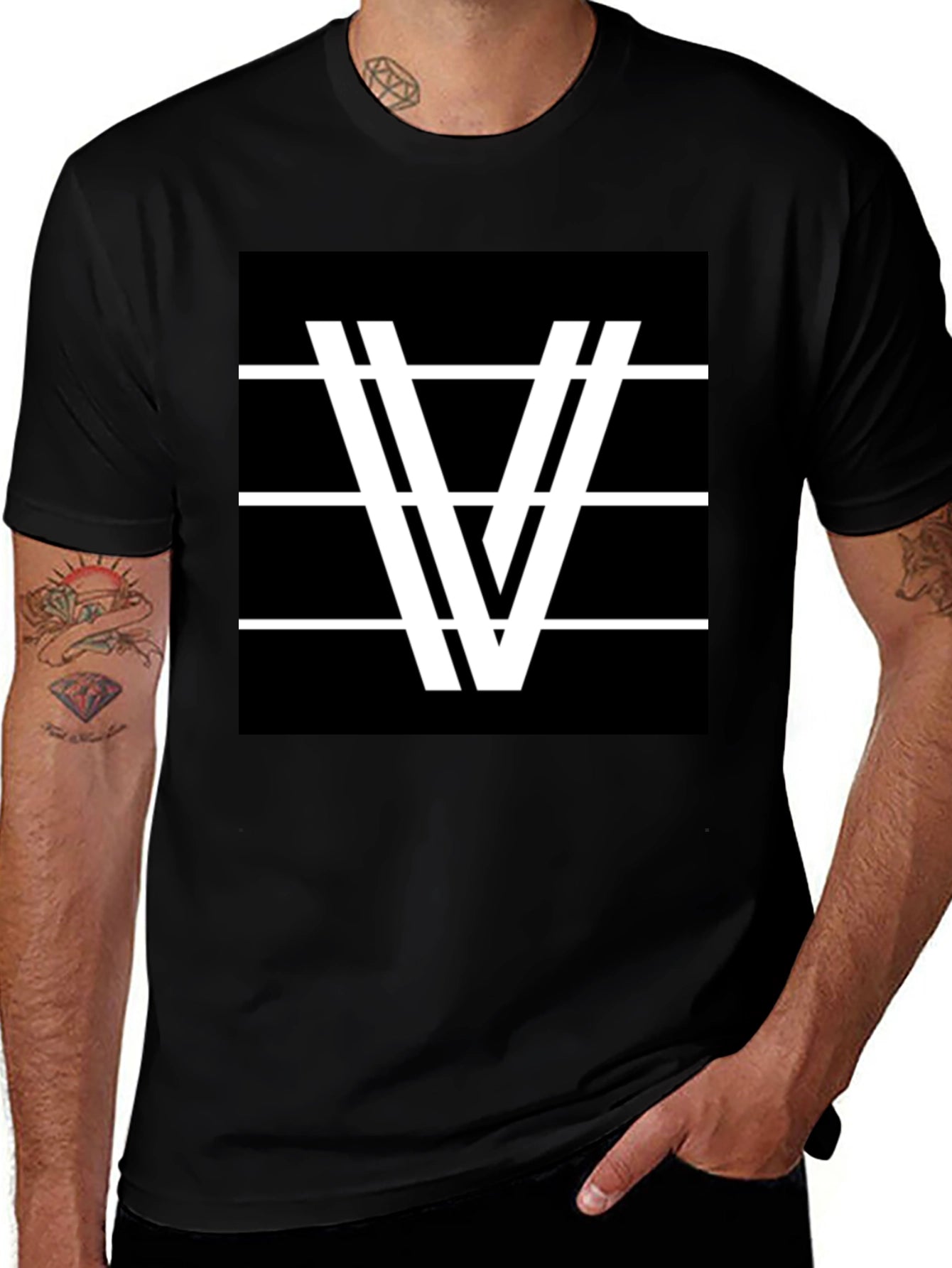 Modern Graphic Tee - Black with White V Design