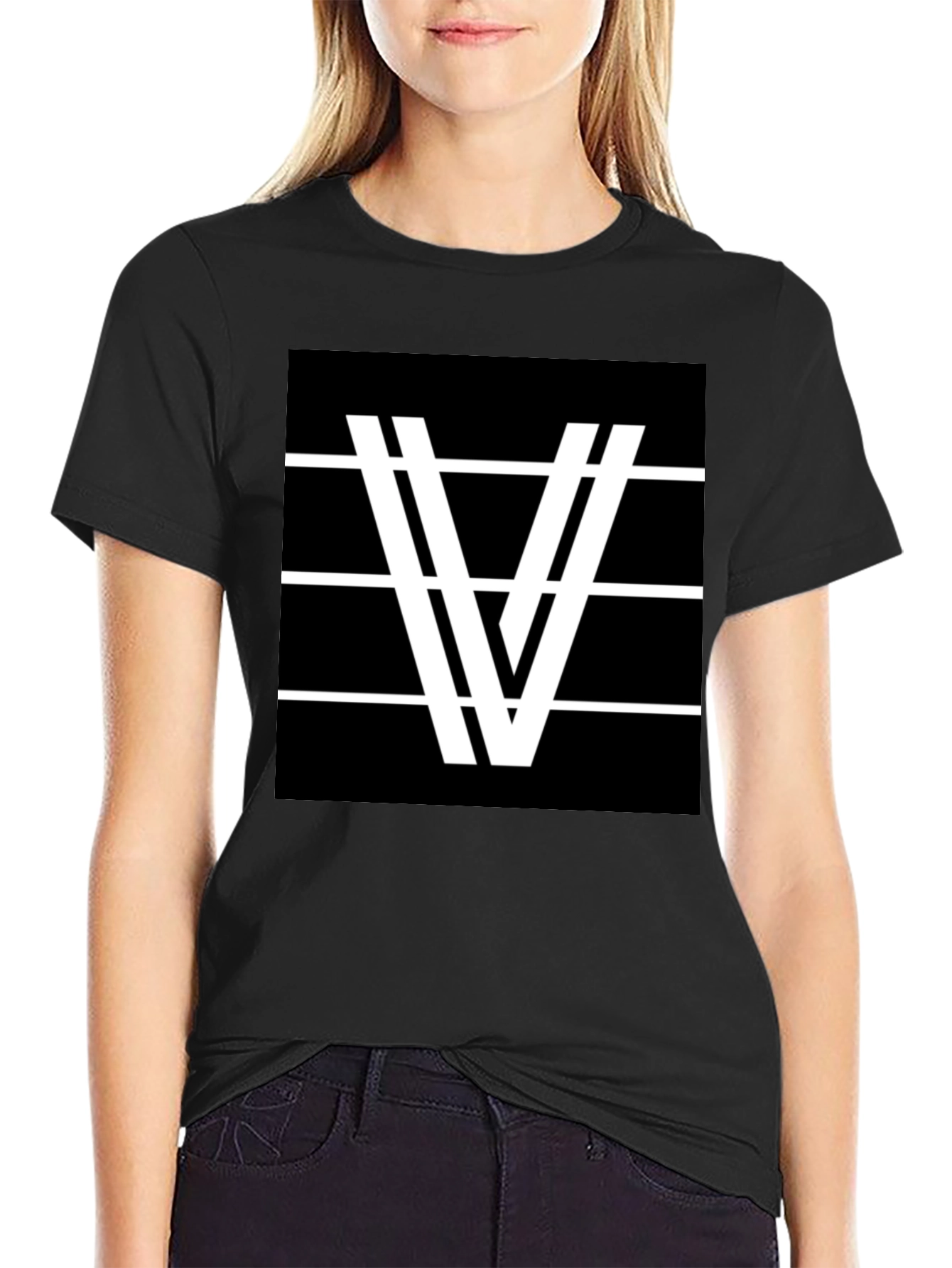 Modern Graphic Tee - Black with White V Design