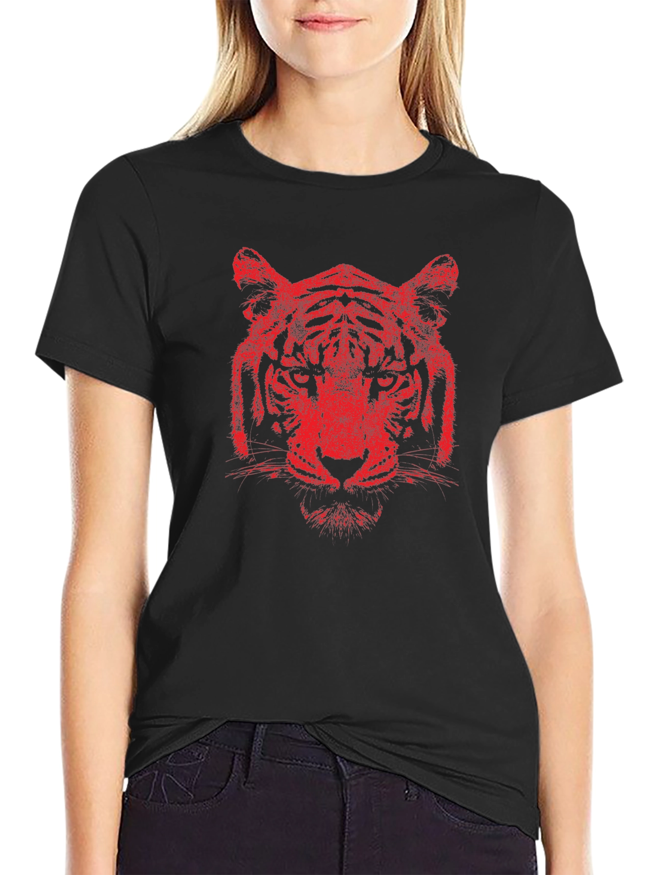 Red Tiger Graphic Print Black T-Shirt