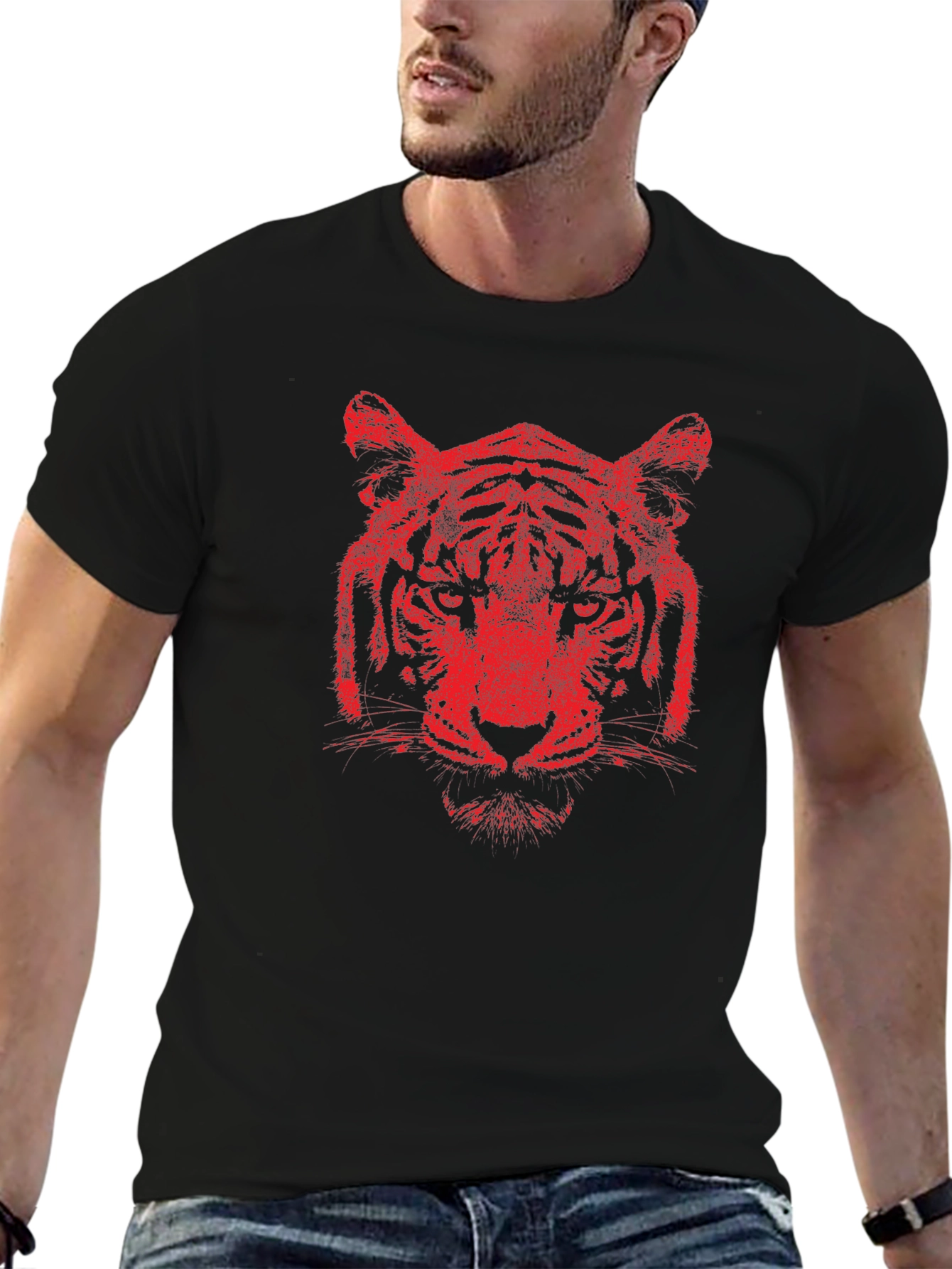 Red Tiger Graphic Print Black T-Shirt