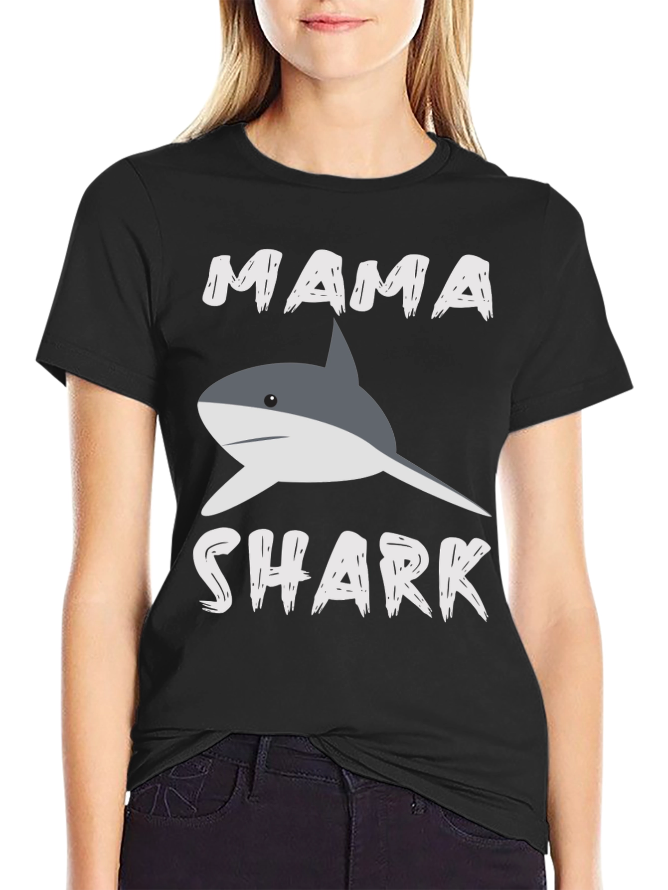 Mama Shark Graphic T-Shirt - Black Crew Neck
