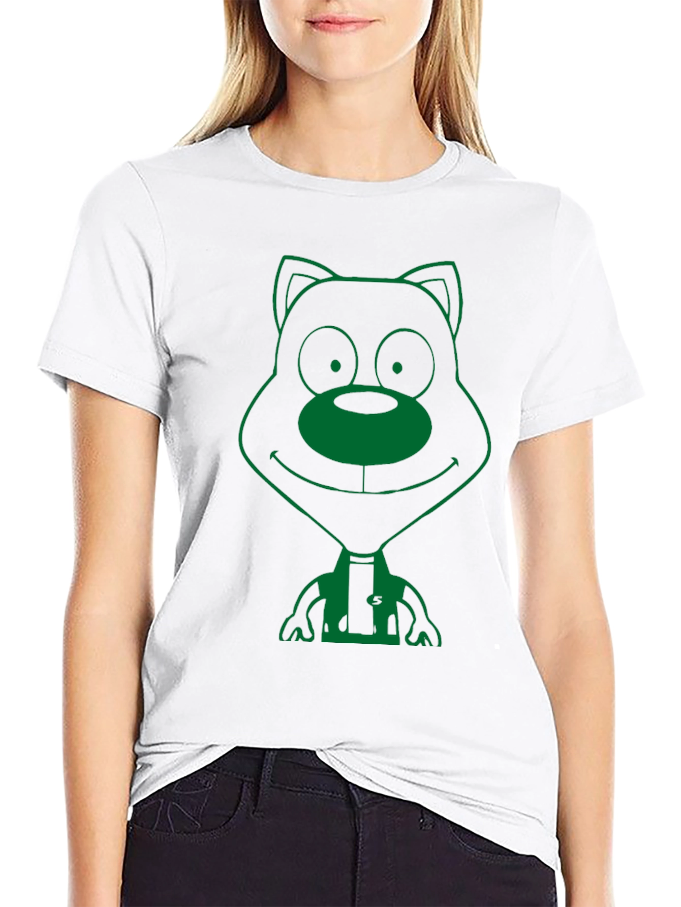 Green Cartoon Bear Graphic Black T-Shirt