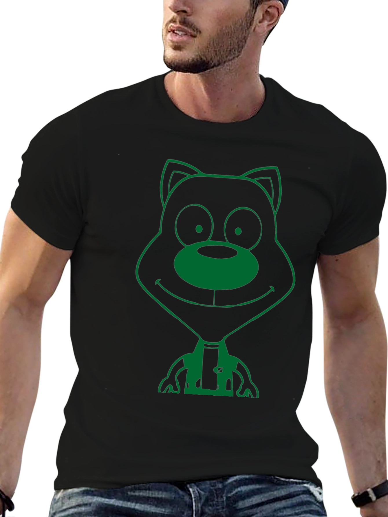 Green Cartoon Bear Graphic Black T-Shirt