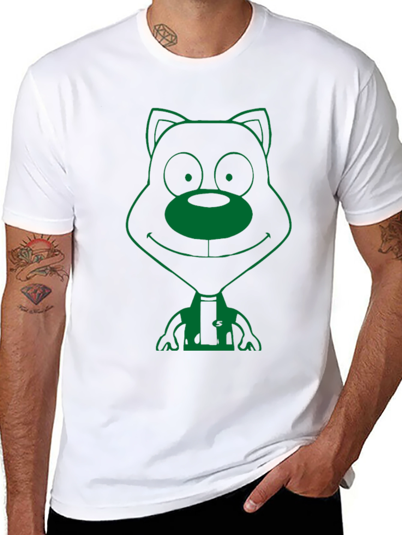 Green Cartoon Bear Graphic Black T-Shirt