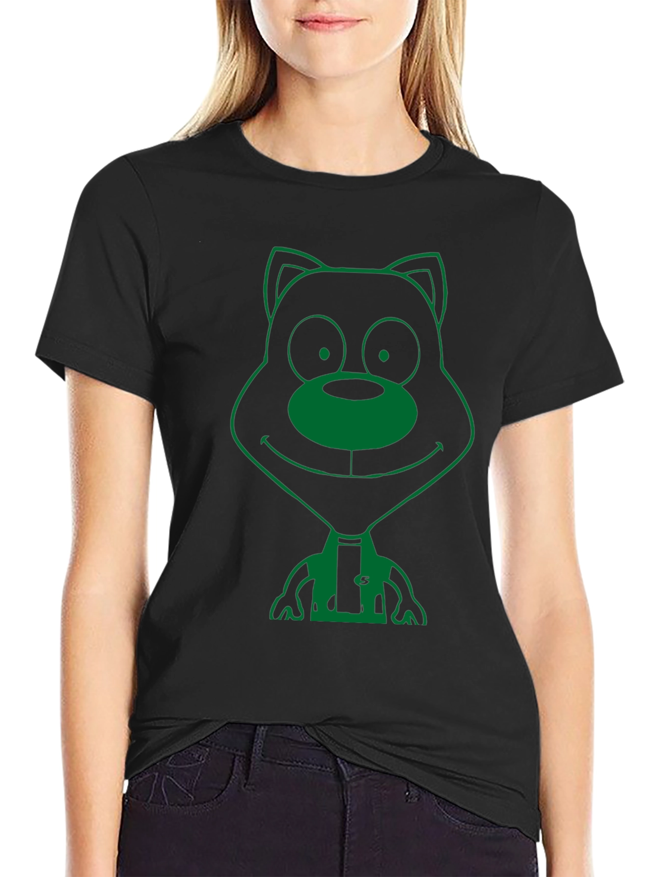 Green Cartoon Bear Graphic Black T-Shirt