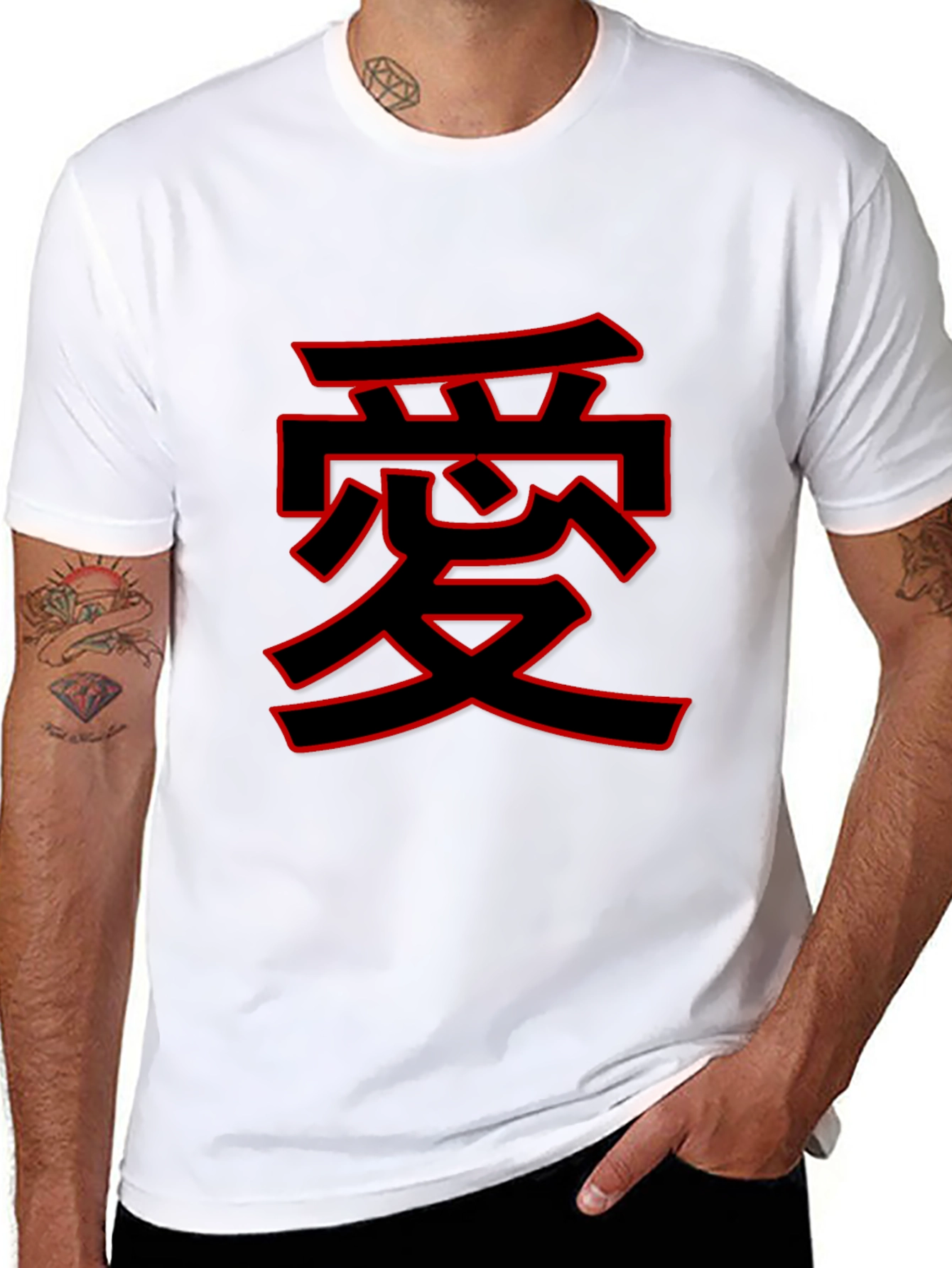 Black T-Shirt with Red Japanese Love Symbol