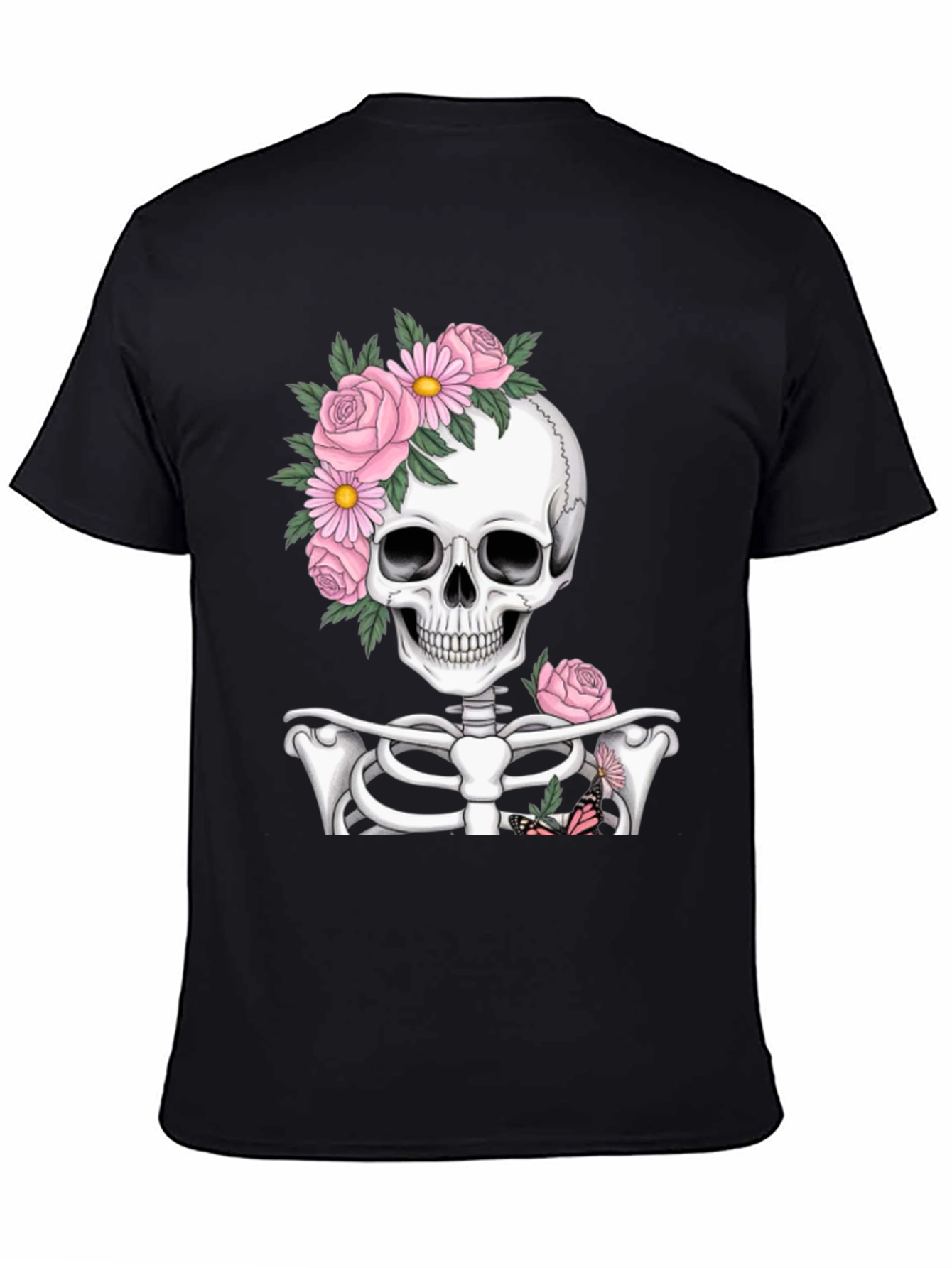 Floral Skull Graphic Print Black T-Shirt