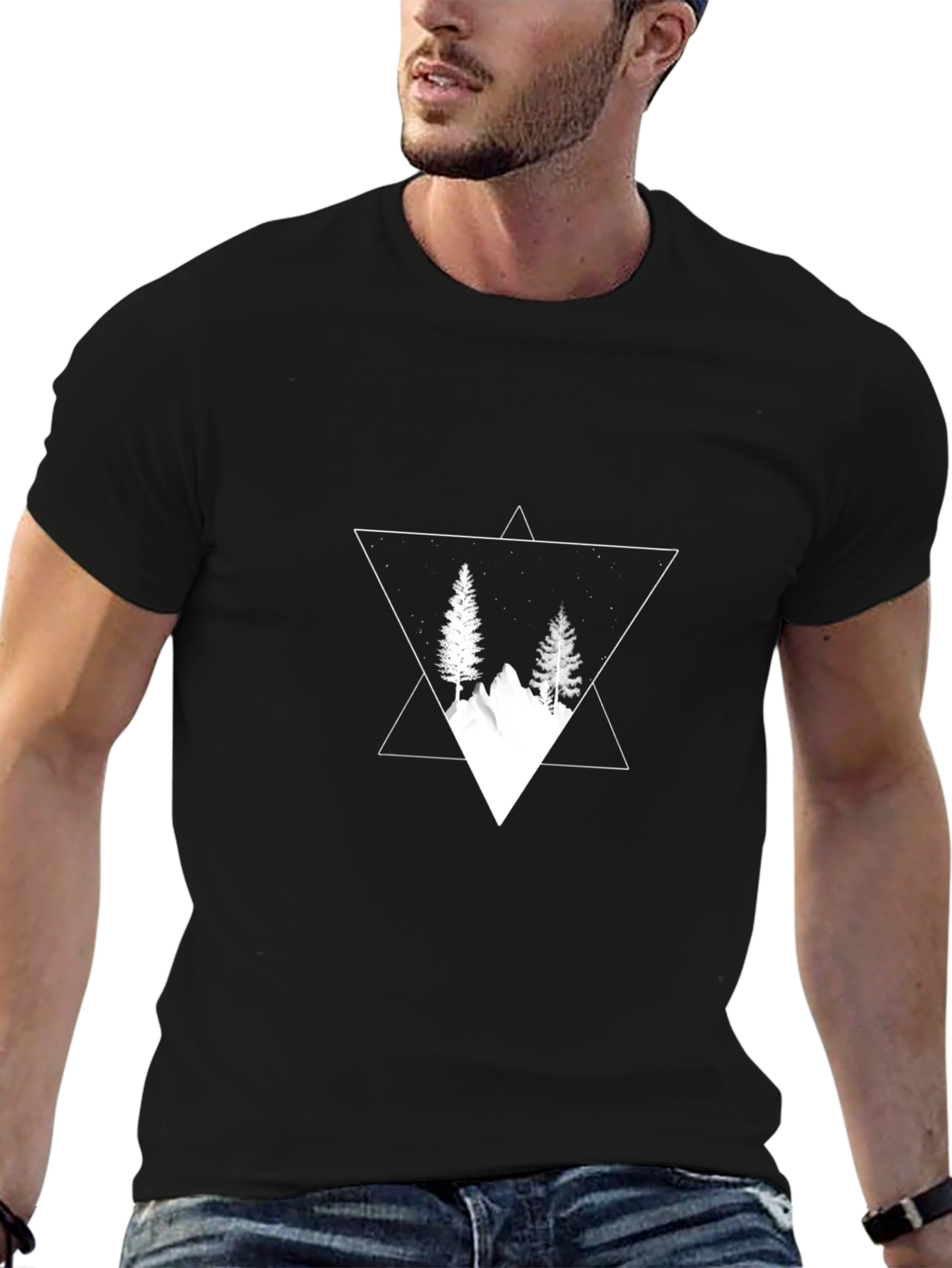 Mountain & Trees Triangle Graphic Black T-Shirt