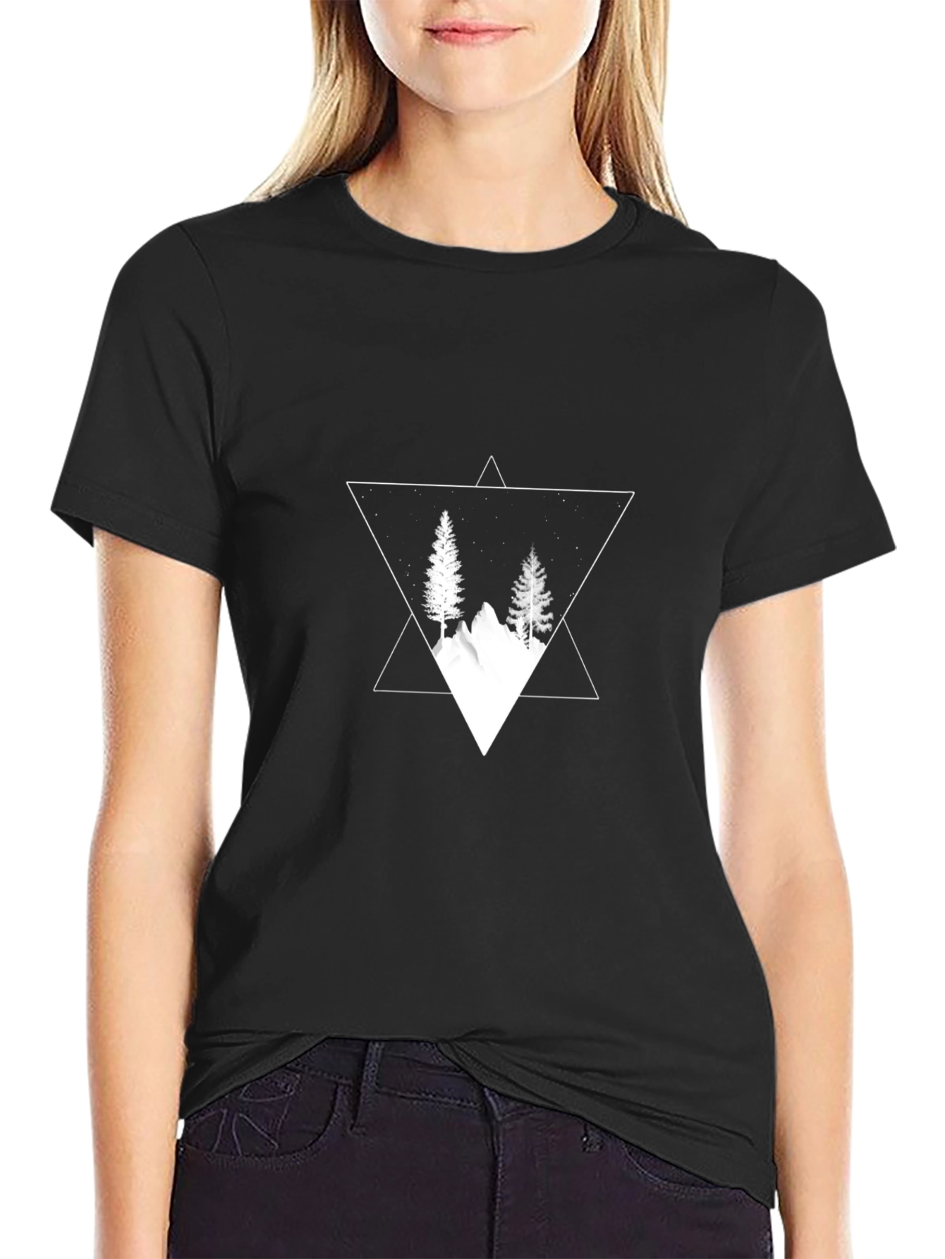 Mountain & Trees Triangle Graphic Black T-Shirt